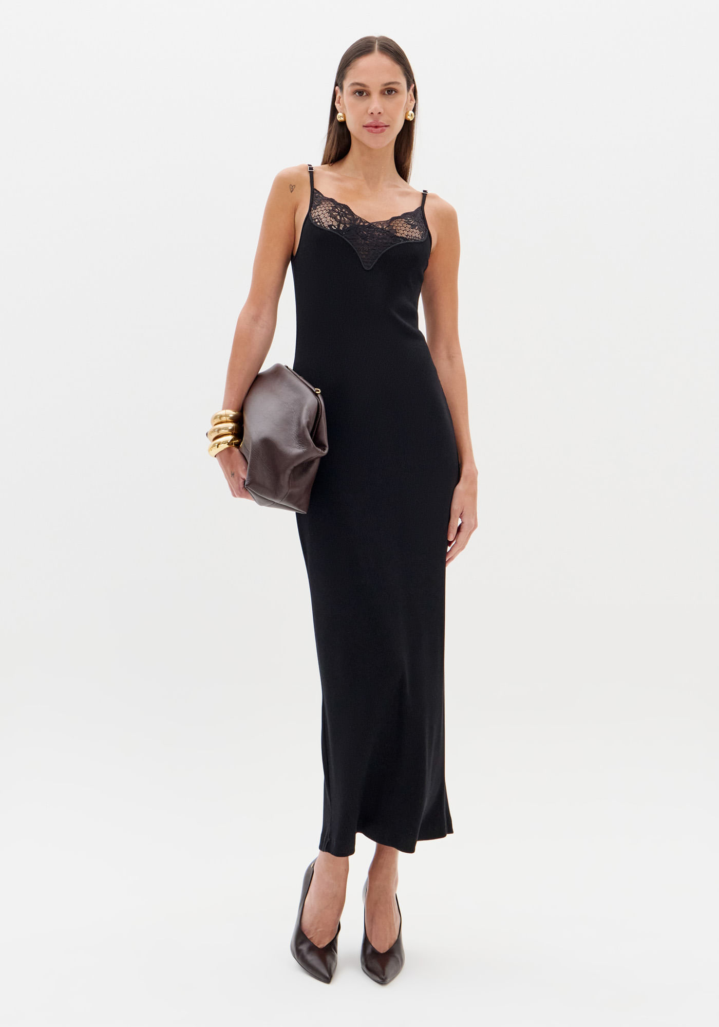 Vestido Canelado De Alças Com Renda