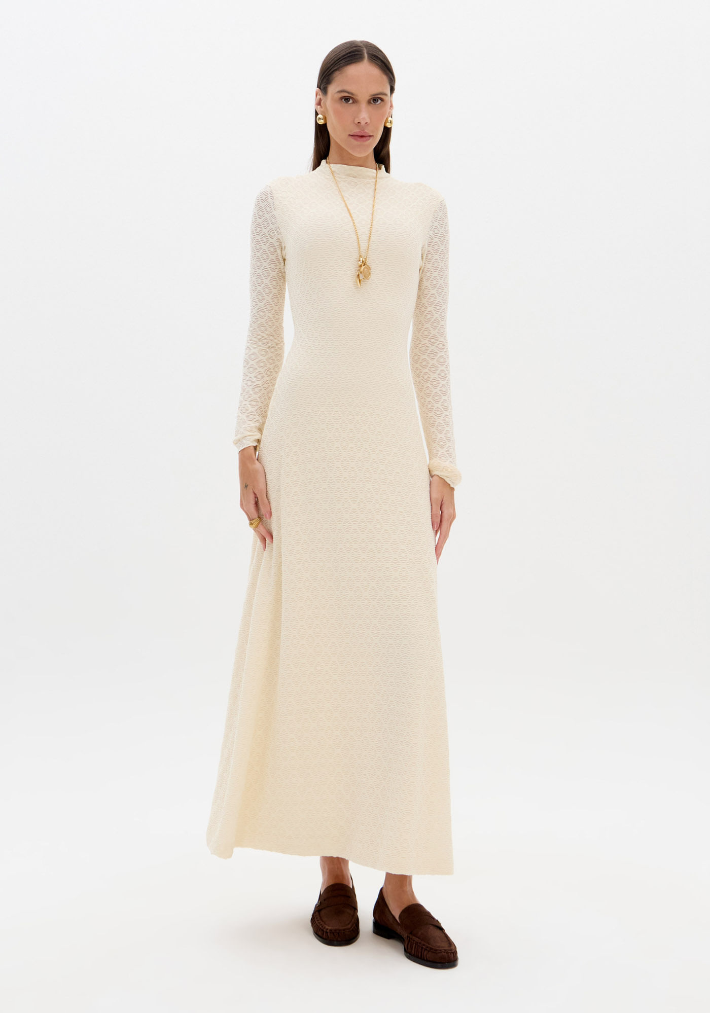 Vestido Solto Manga Longa Renda
