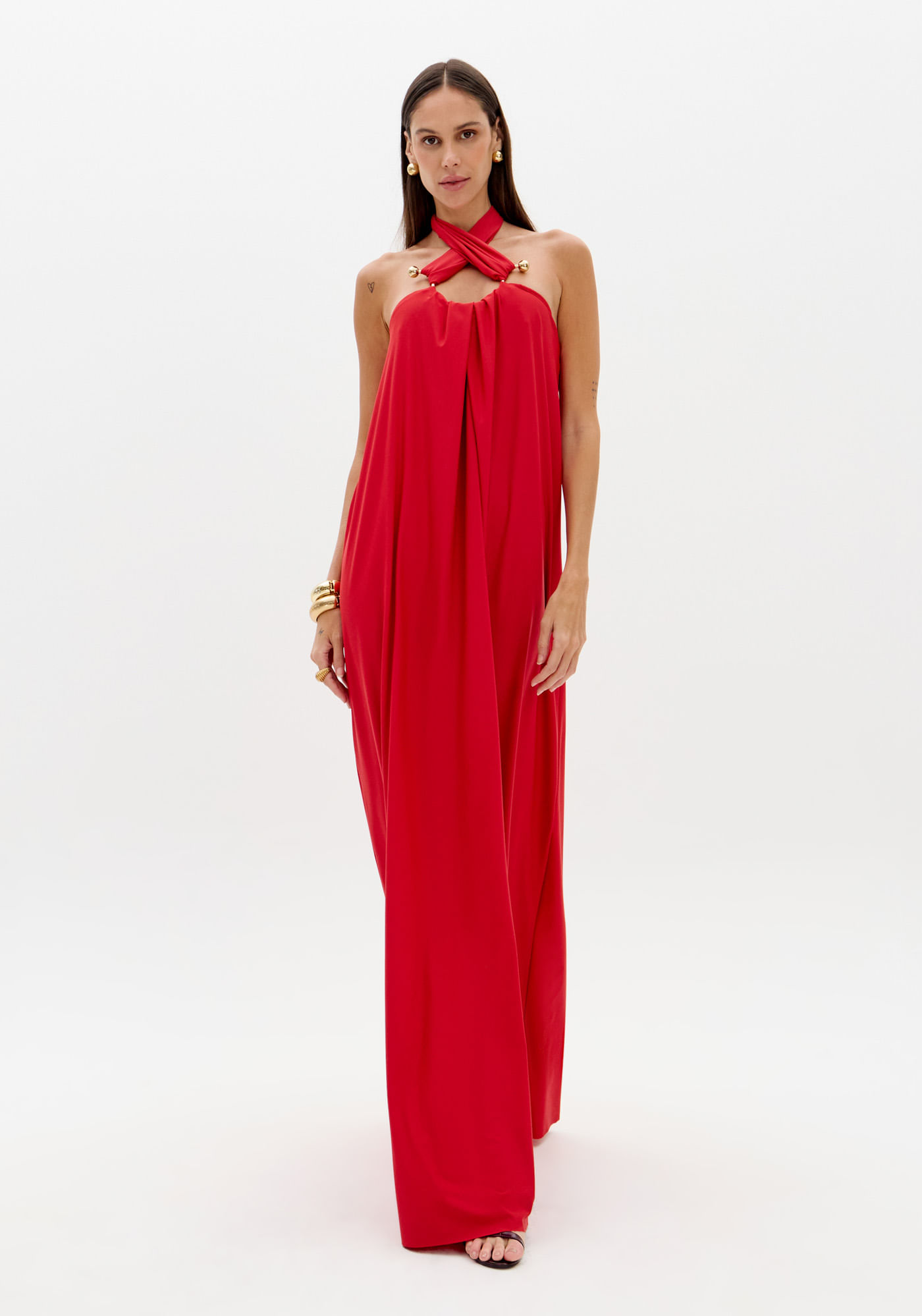 Vestido Longo Frente Única Com Metais