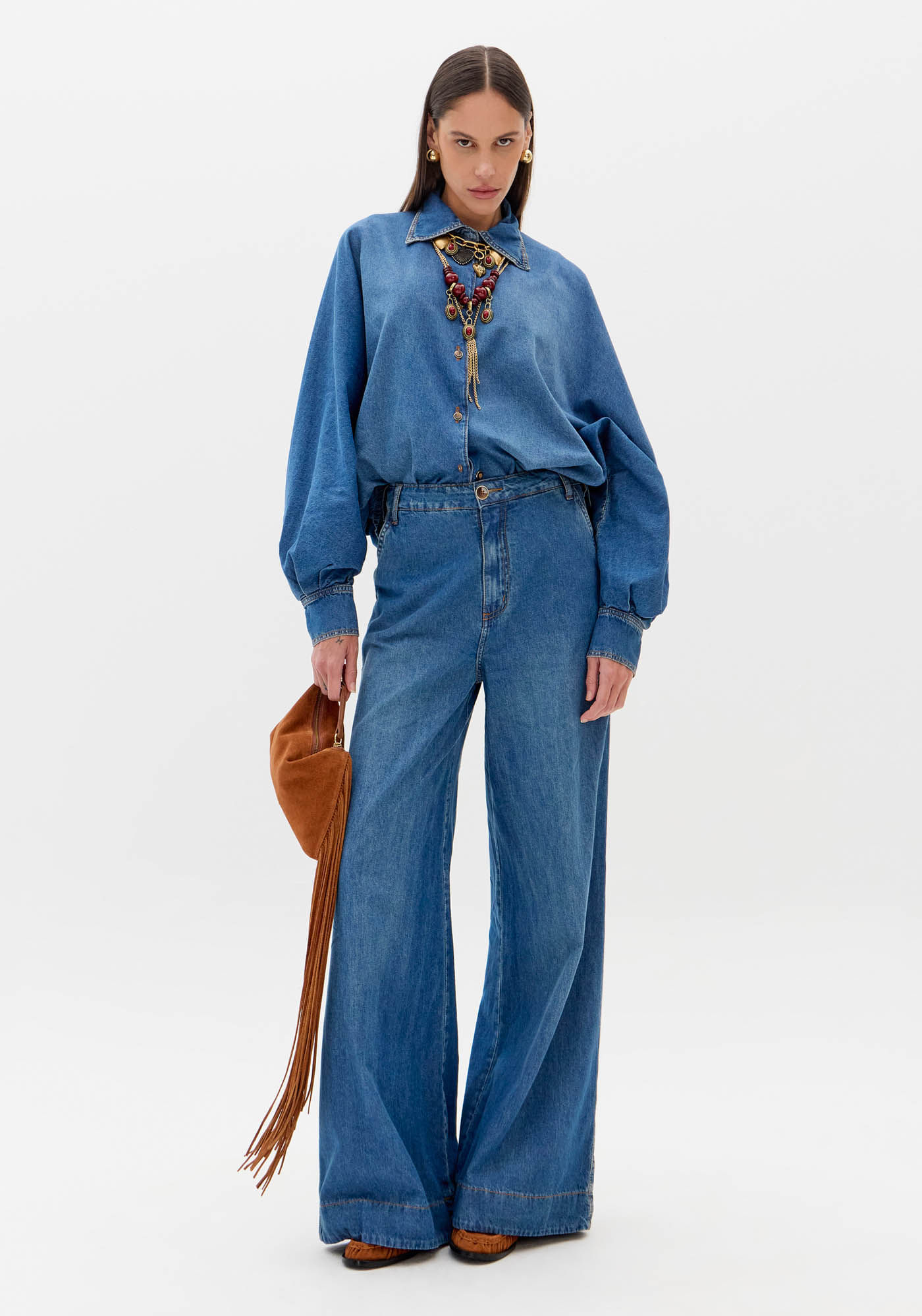 Calça Jeans Pantalona Com Bolsos