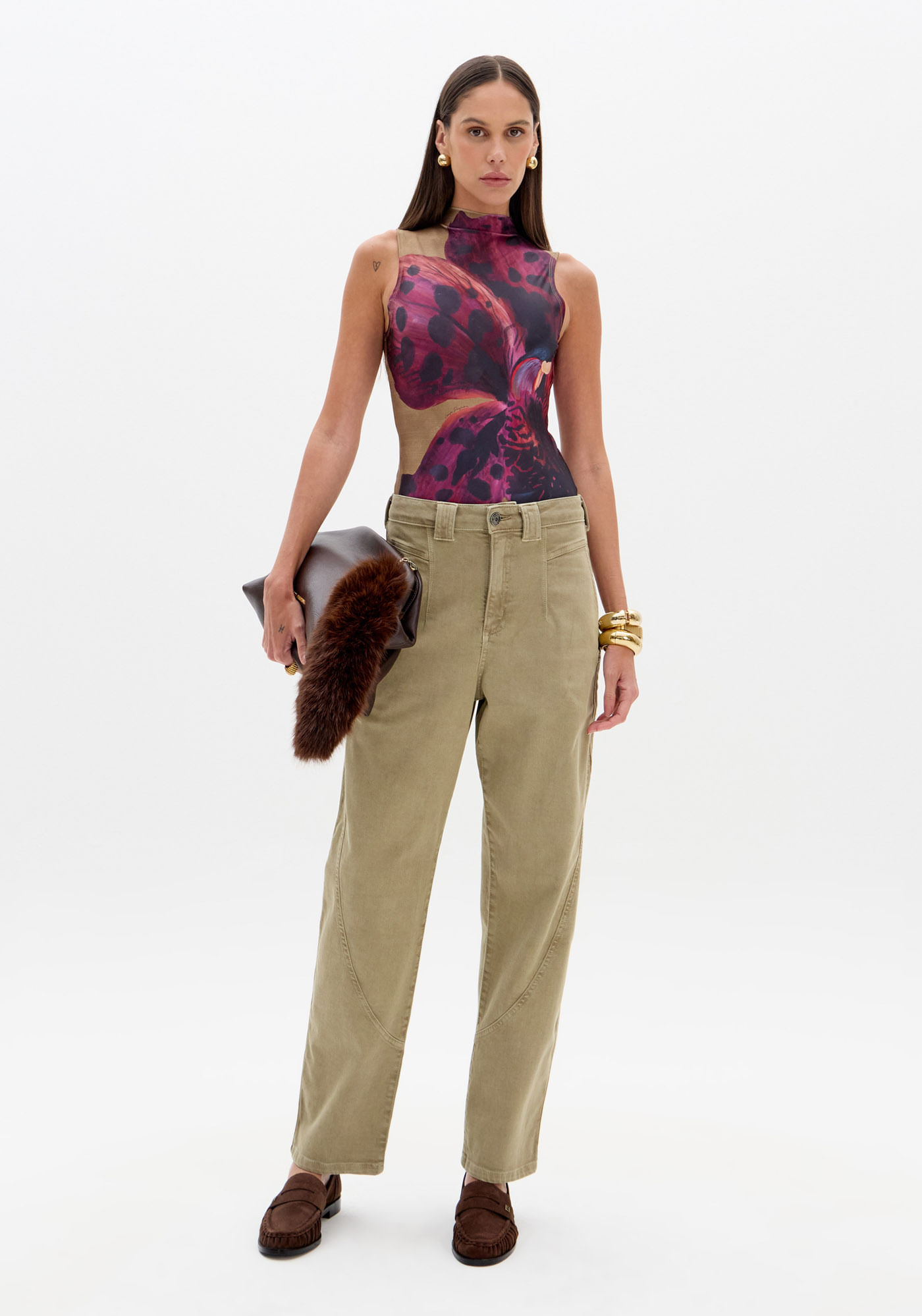 Calça Baggy Sarja Com Cintura Alta