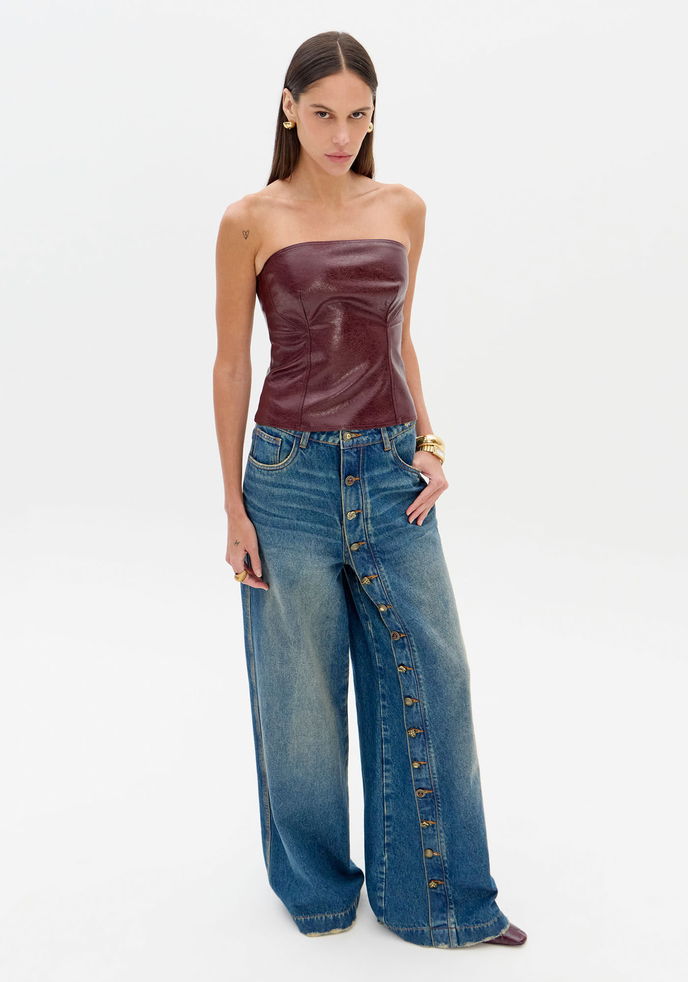 Calça Jeans Pantalona Com Botões
