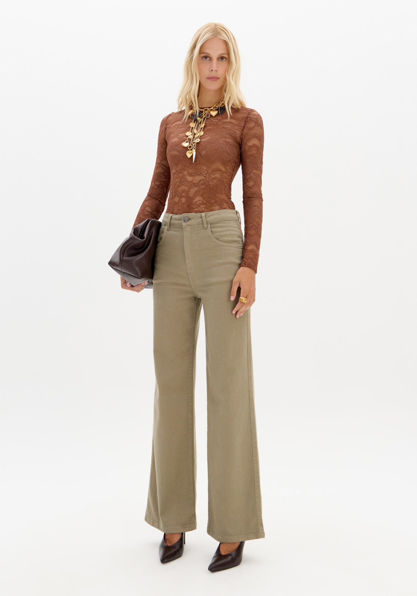 Calça Sarja Wide Leg Com Cintura Alta