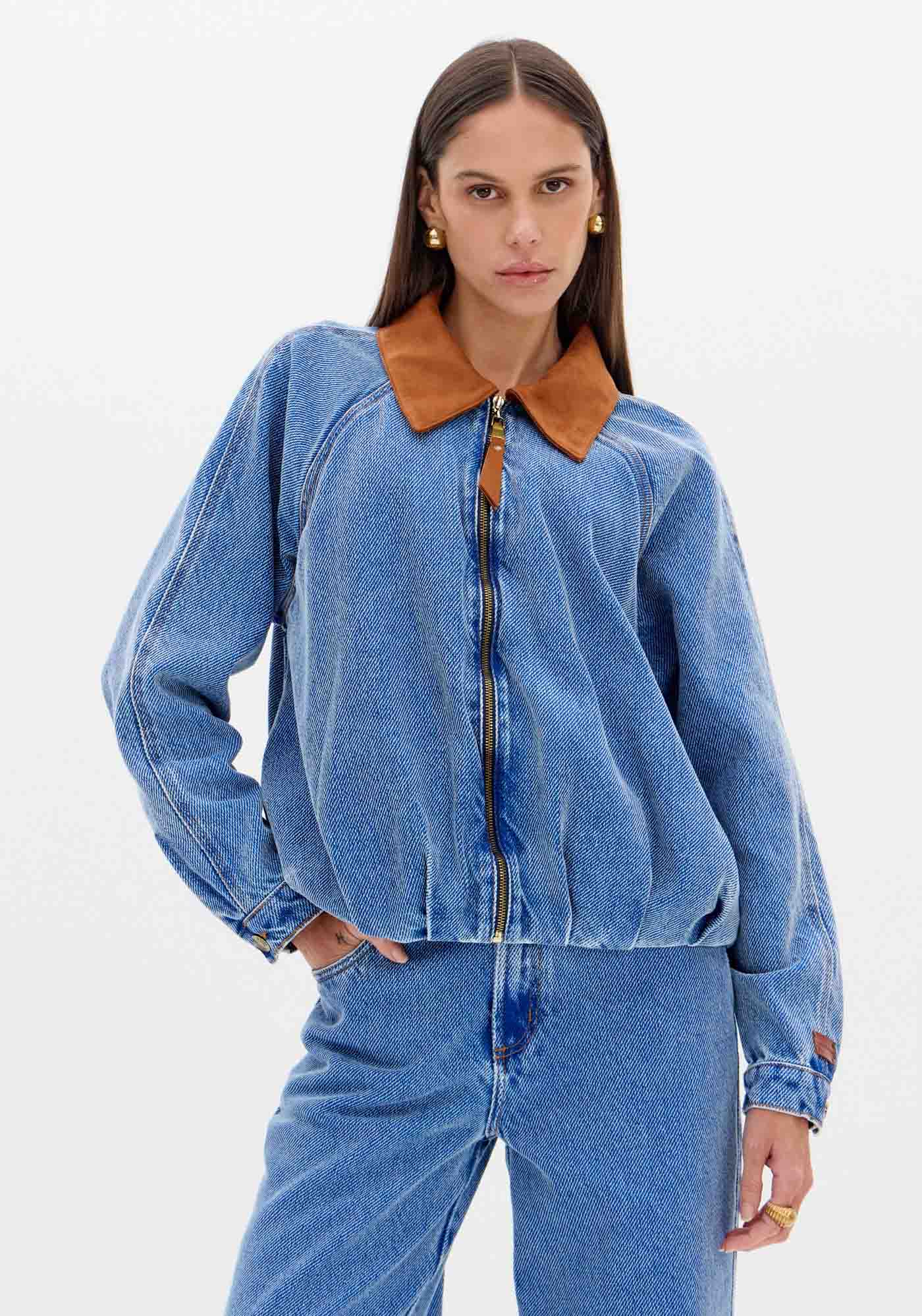 Jaqueta Jeans Bomber Com Gola