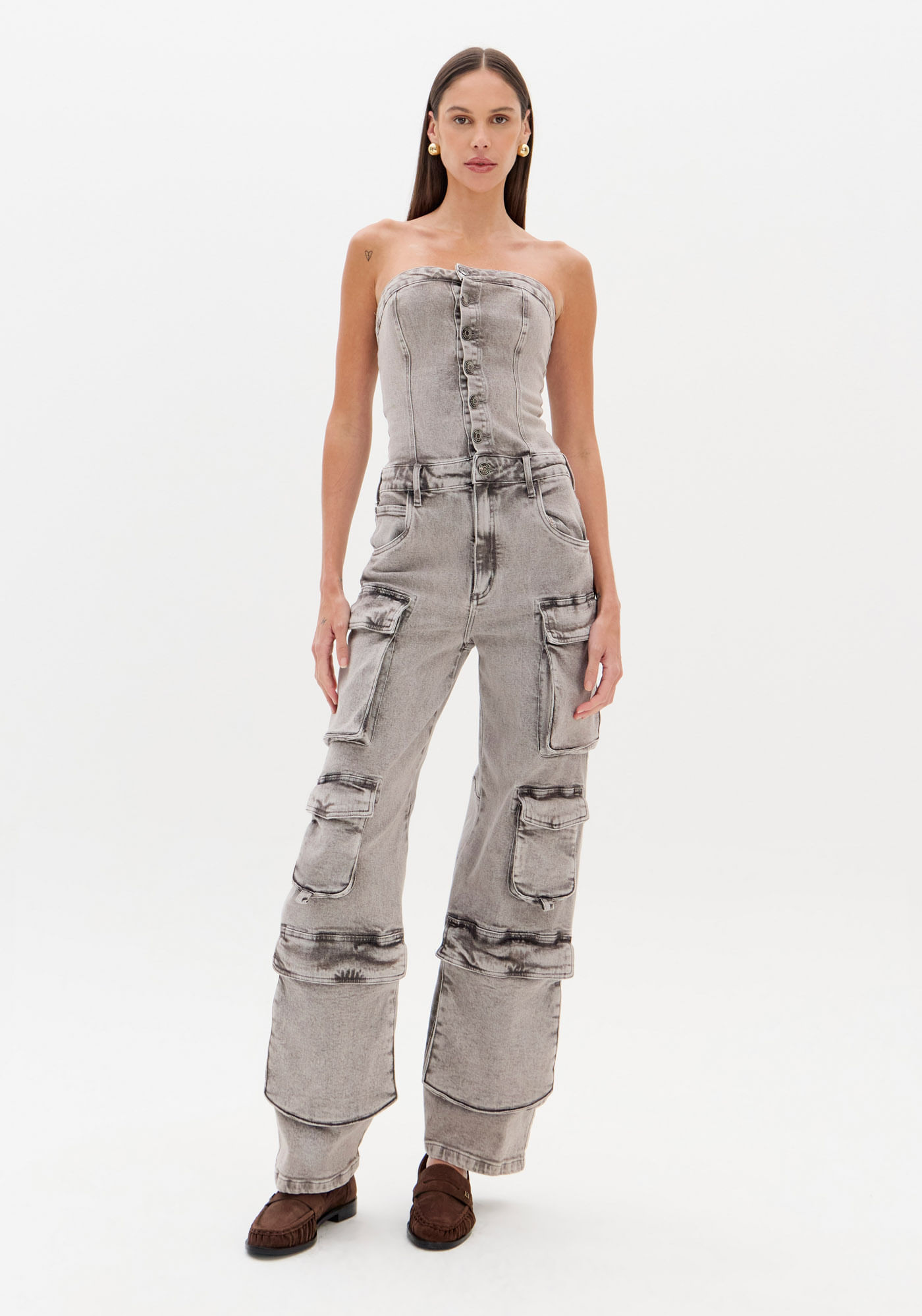 Macacão Longo Jeans Bolsos Cargo