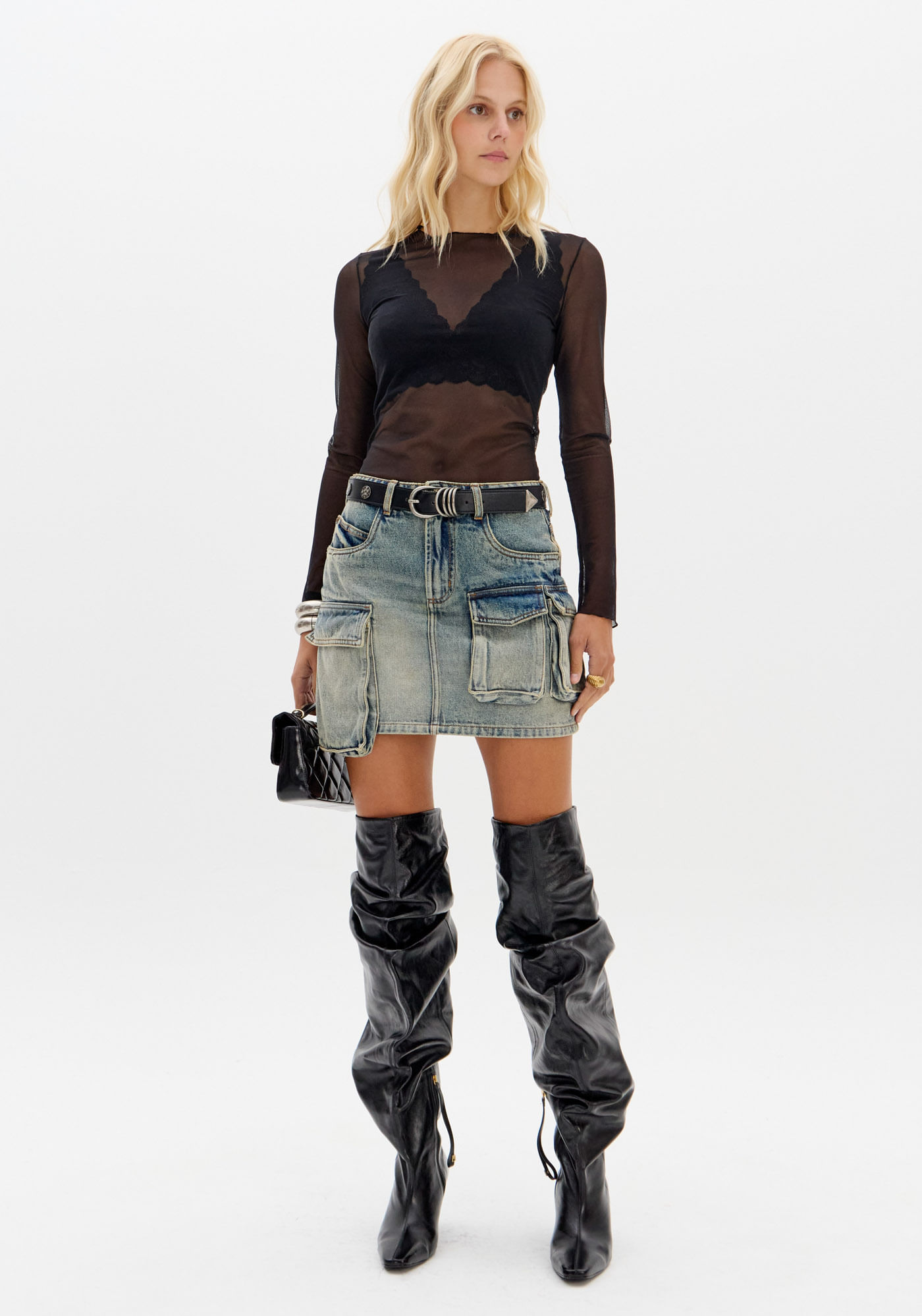 Saia Jeans Curta Com Bolsos Cargo