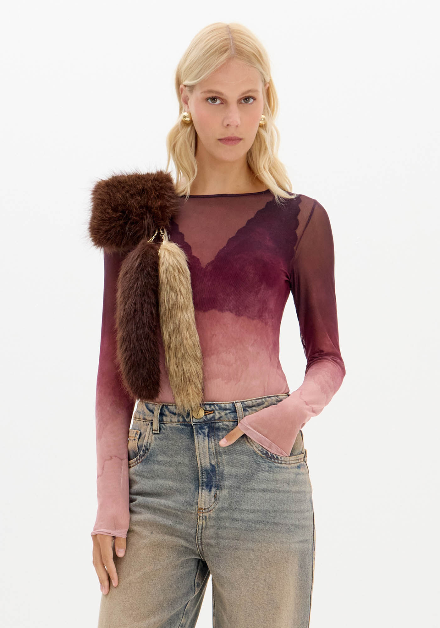 Blusa Tule Manga Longa Estampada