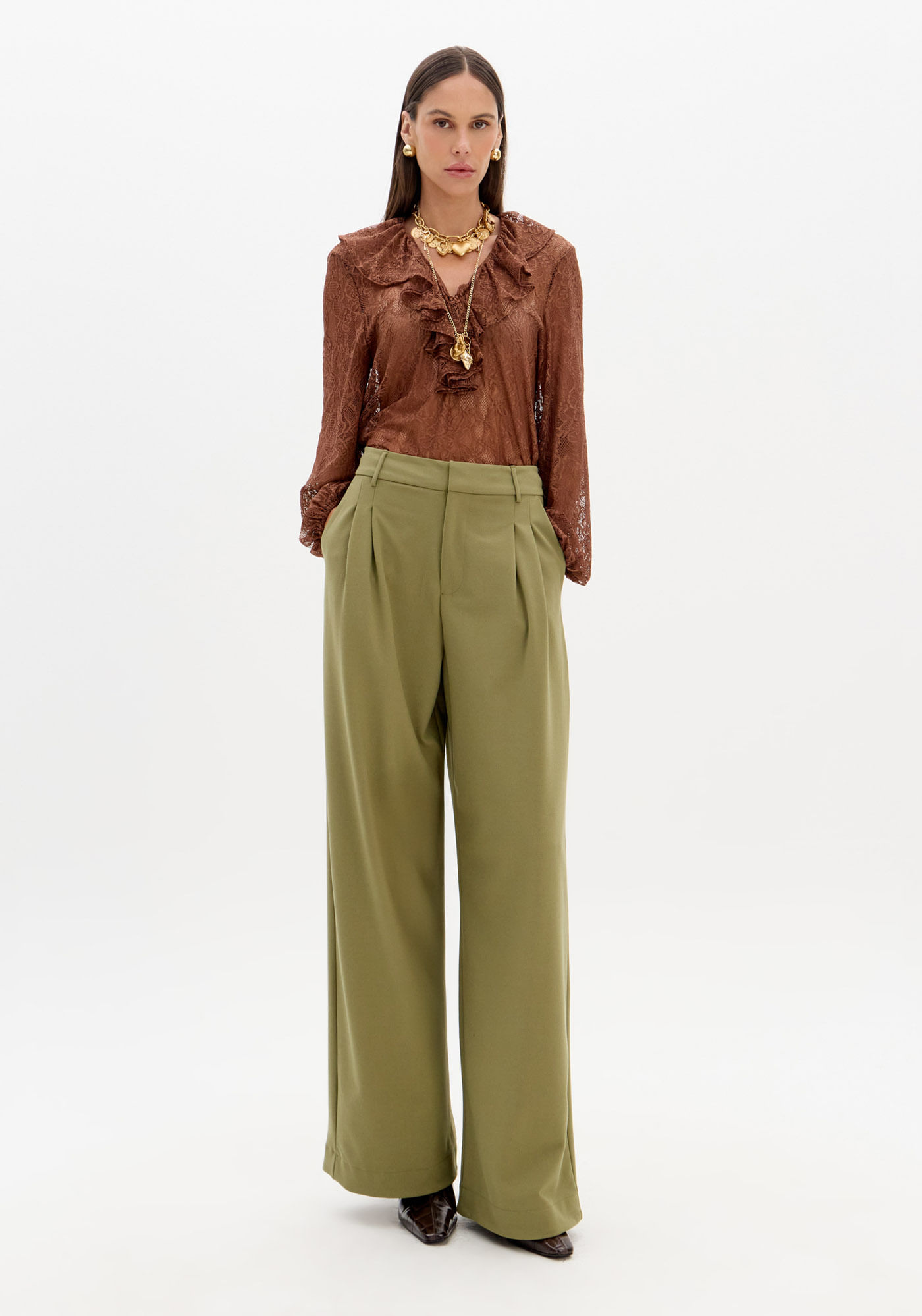 Calça Full Length Com Pregas