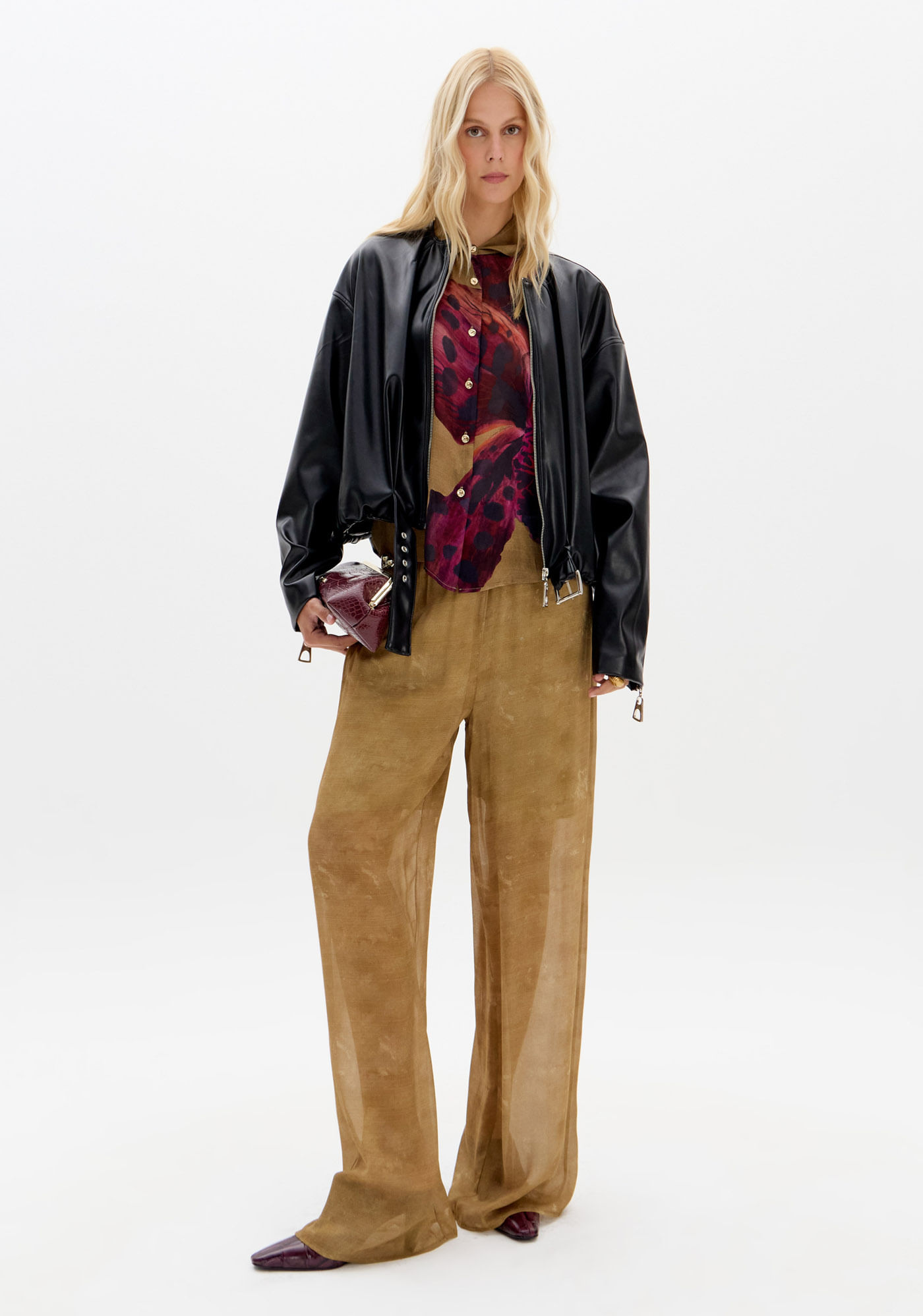 Calça Wide Leg Estampada Cintura Alta