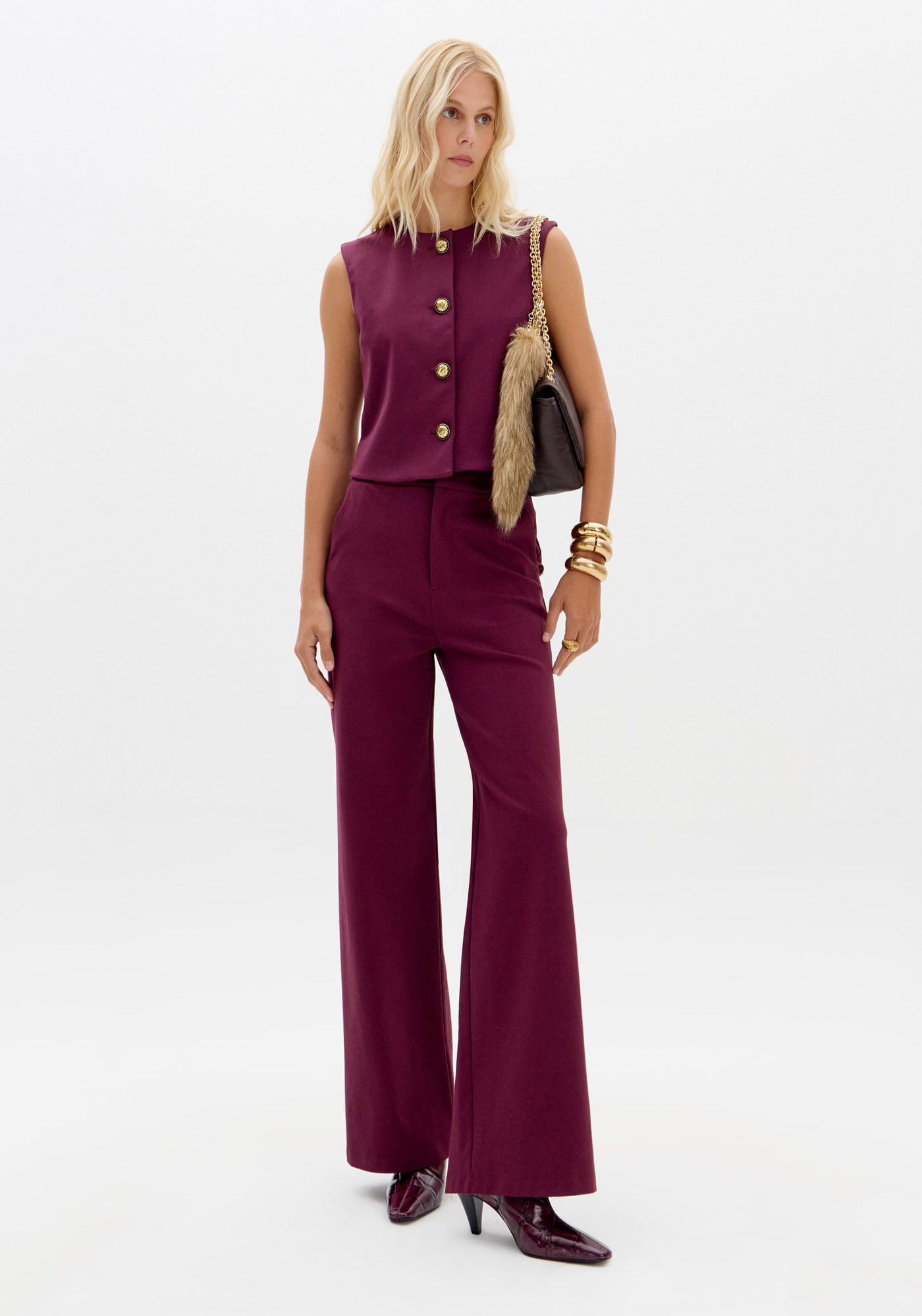 Calça Wide Leg Com Cintura Média