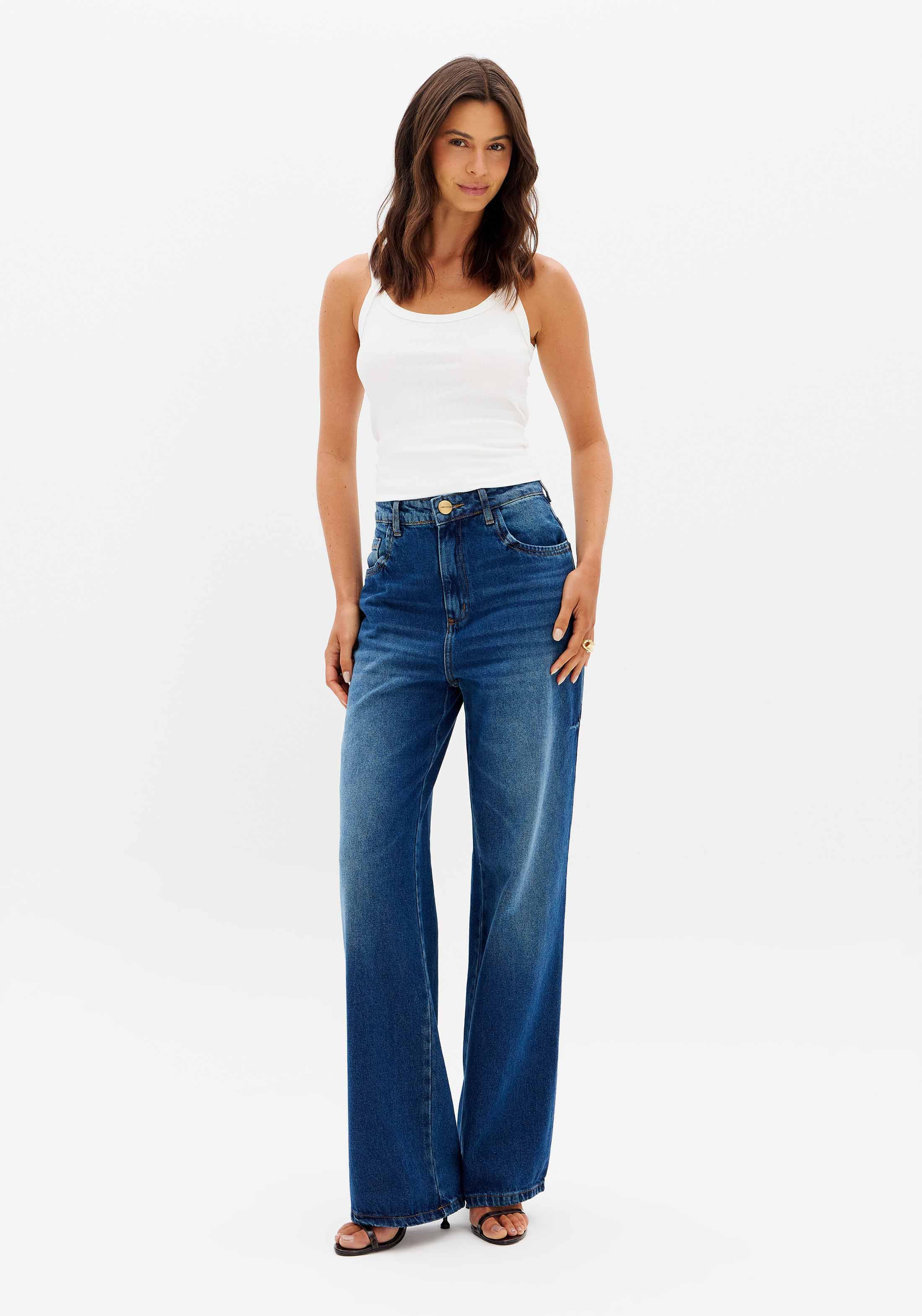 Calça Jeans Full Length Com Cintura Alta