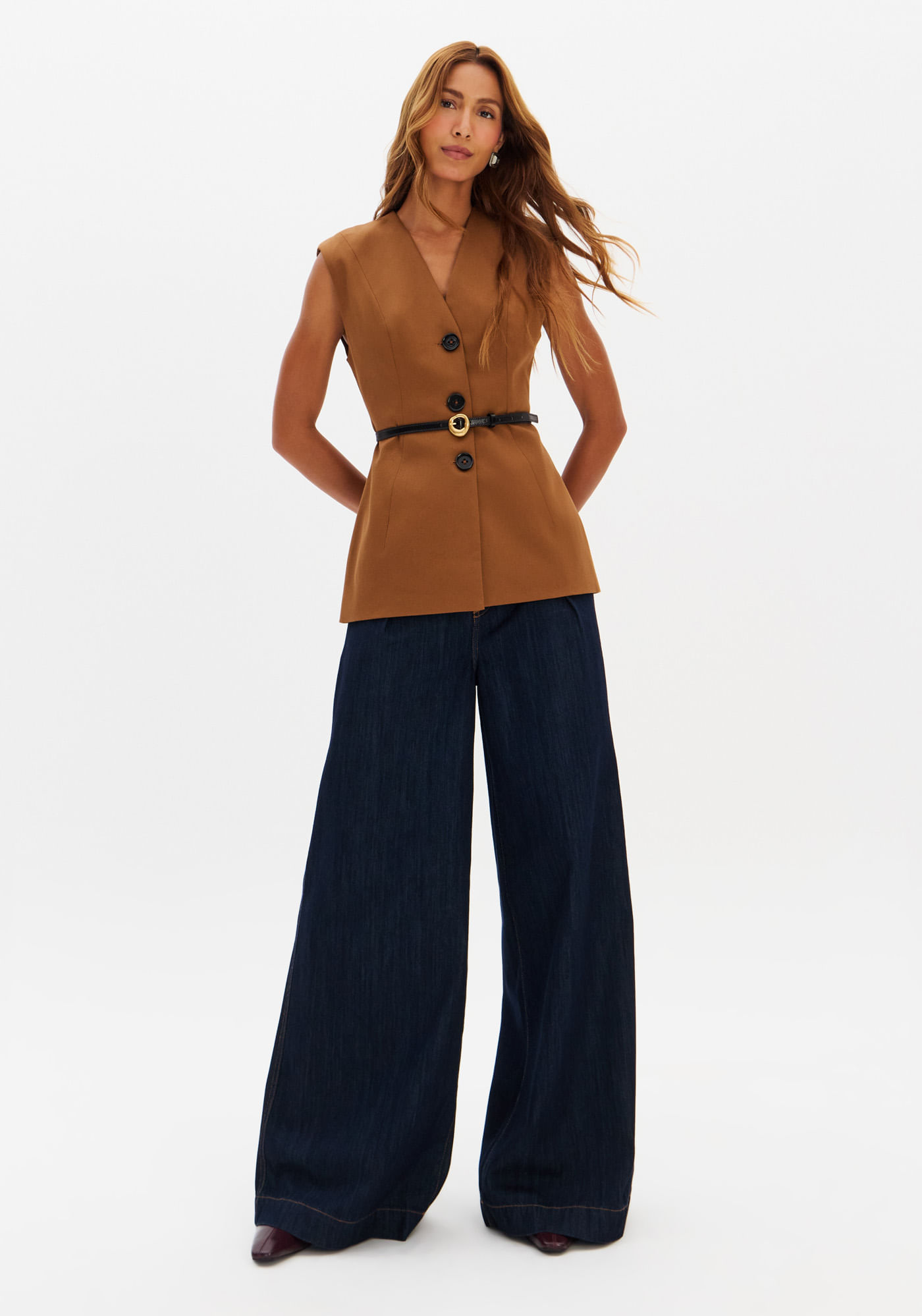 Calça Jeans Palazzo Cintura Média