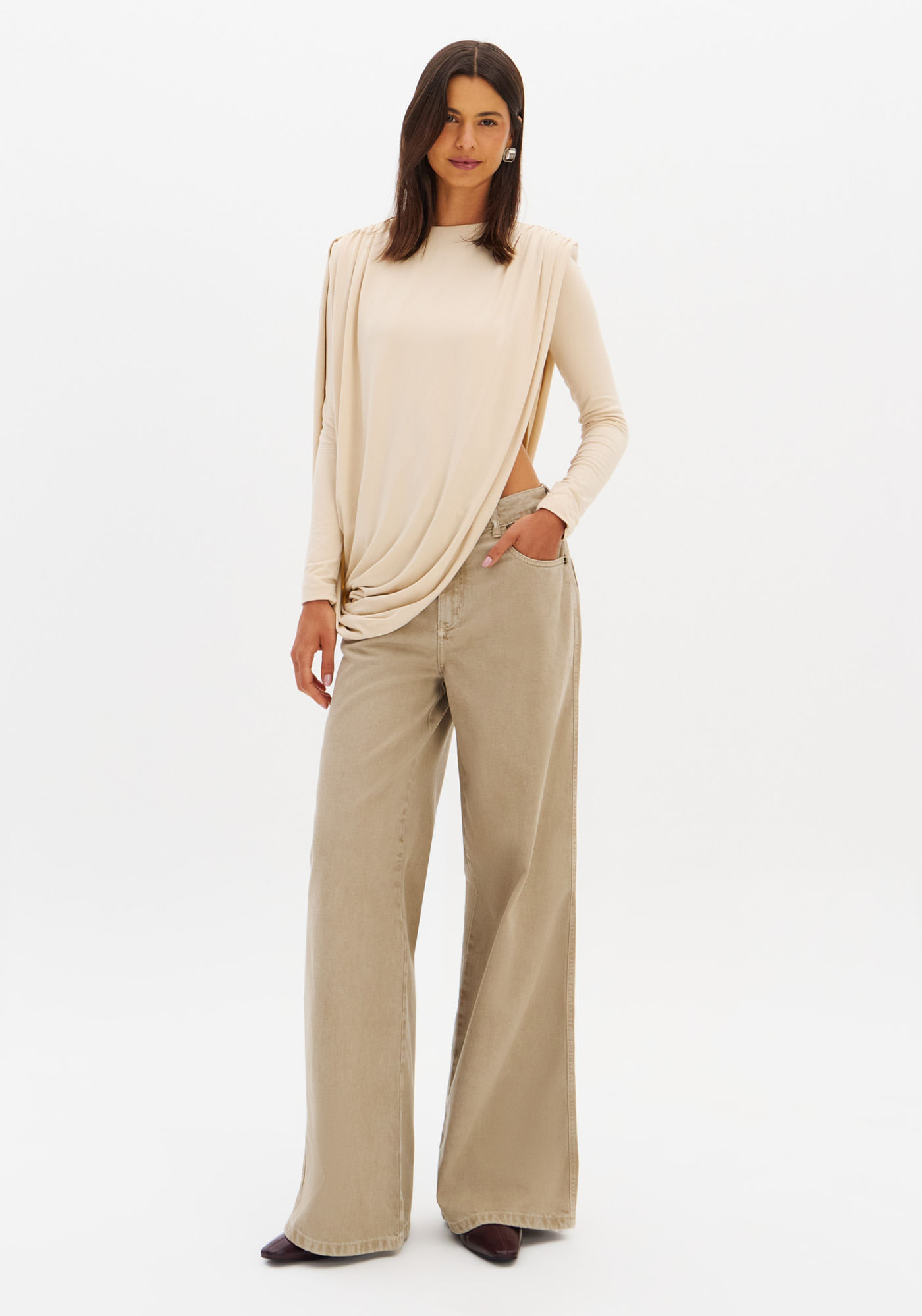 Calça Sarja Wide Leg Cintura Média