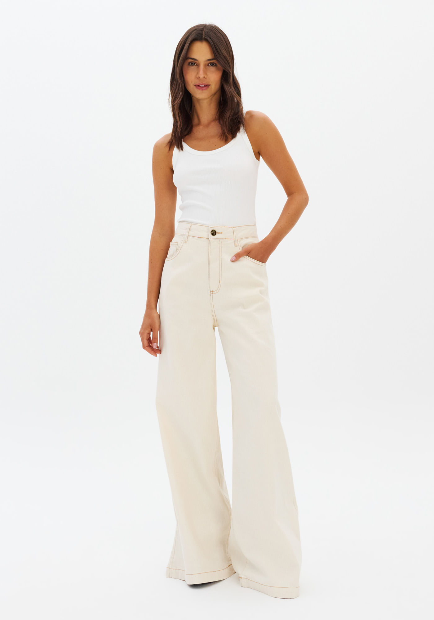 Calça Sarja Palazzo Cintura Média