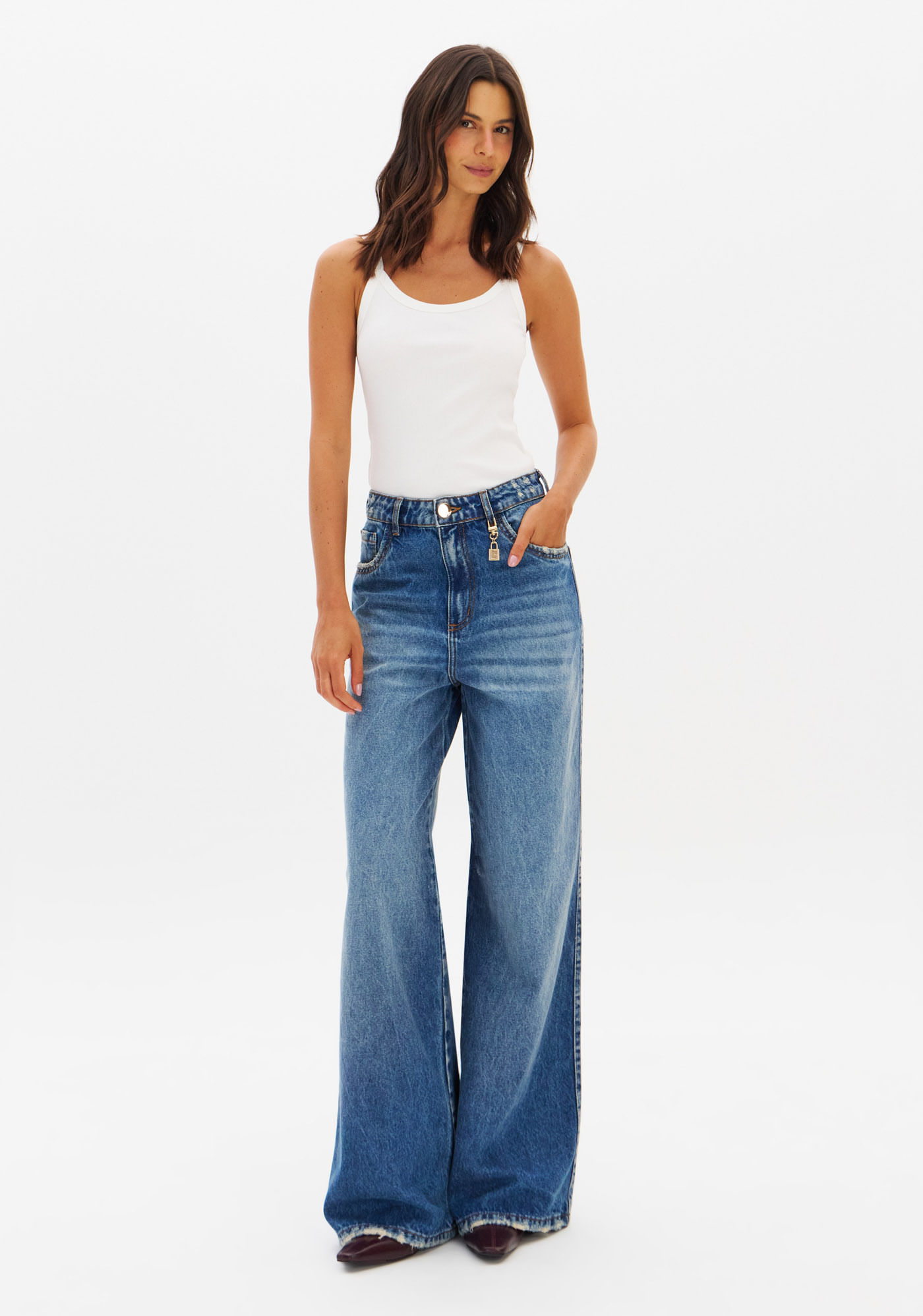 Calça Jeans Wide Leg Cintura Alta