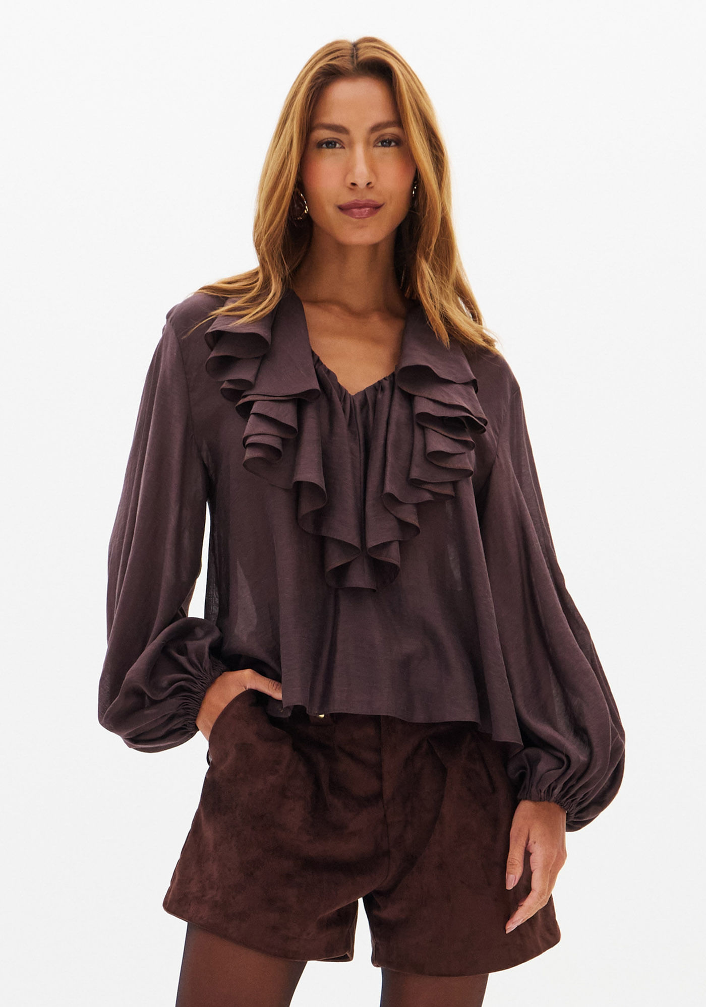 Blusa Manga Longa De Babados Com Linho
