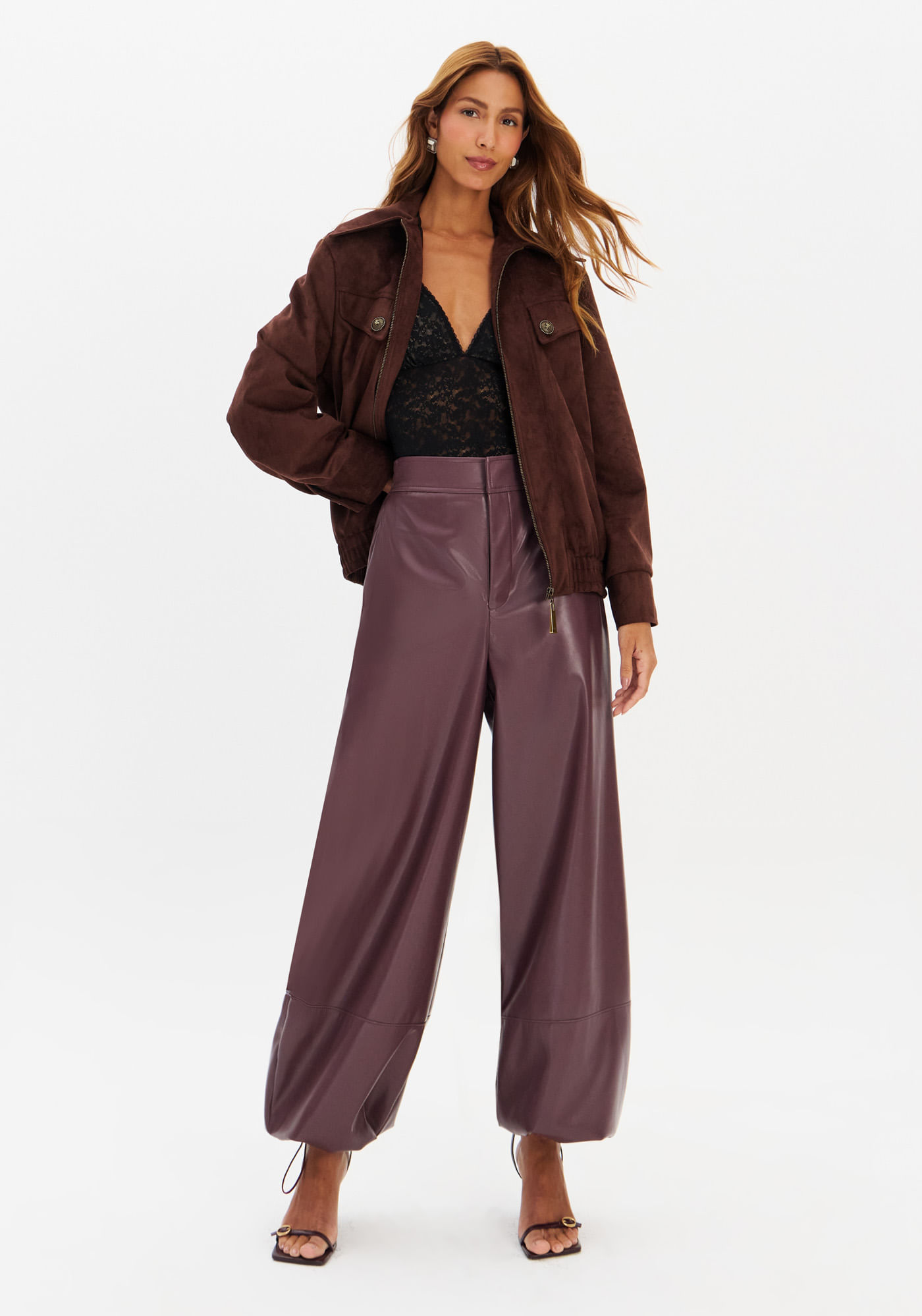 Calça Balloon Cintura Média De Pu