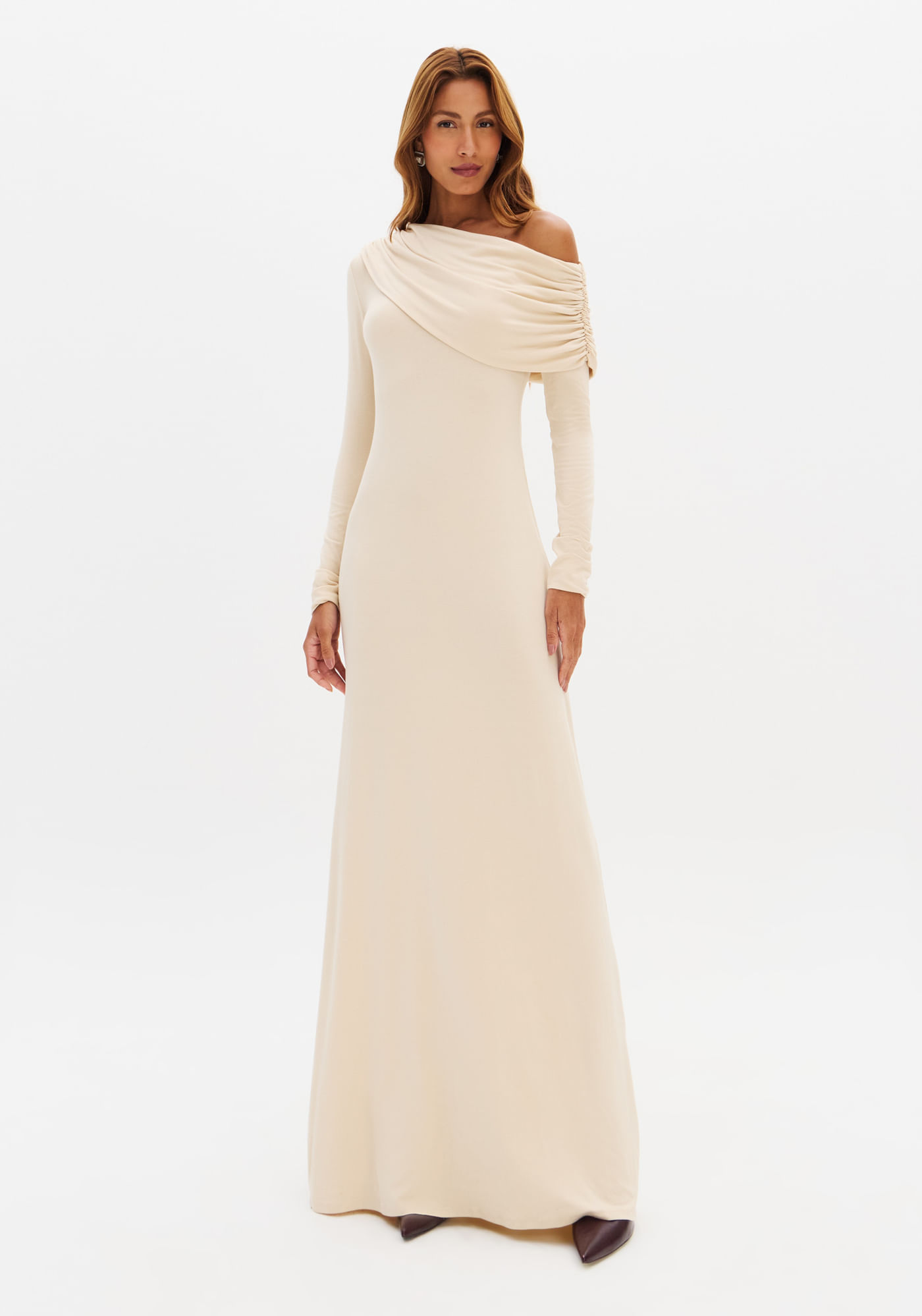 Vestido Longo Ombro Único Manga Longa