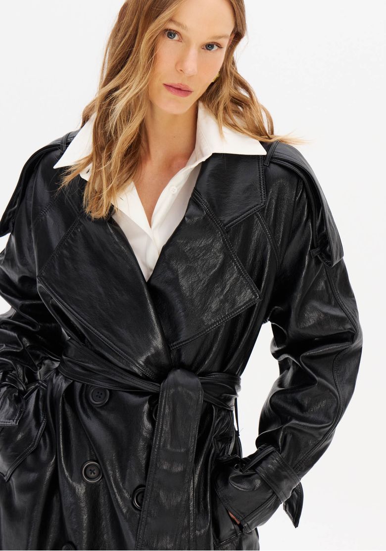 【美品】Louren volume flare trench coat 黒 Trench Coat Alongado Em Pu - Lança Perfume