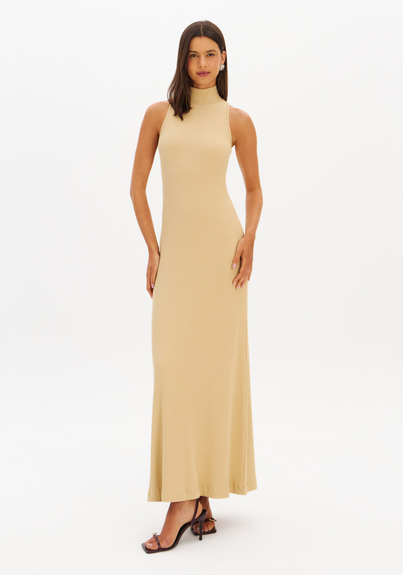 Vestido Super Midi Canelado Gola Alta