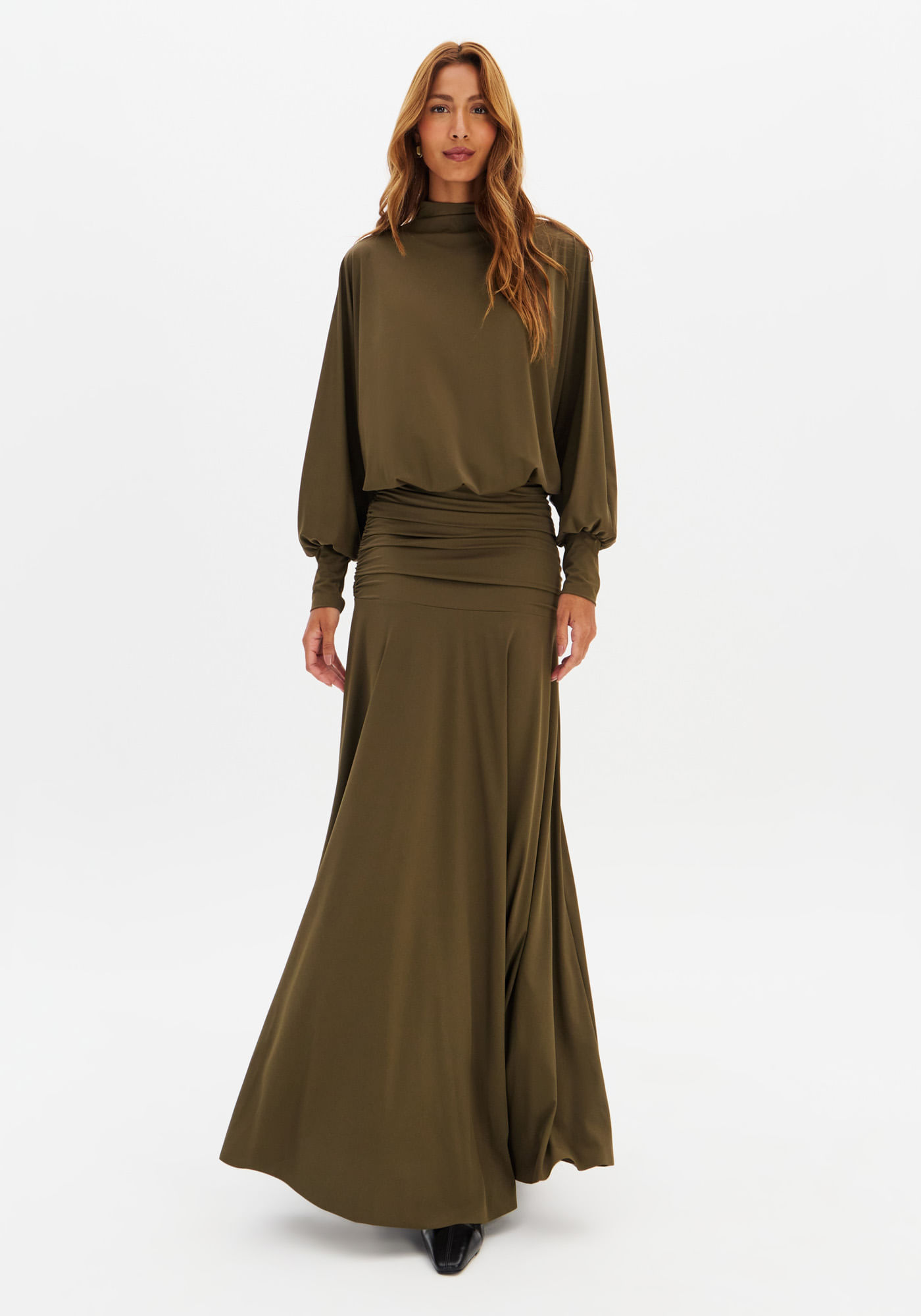 Vestido Super Midi Com Pala Franzida