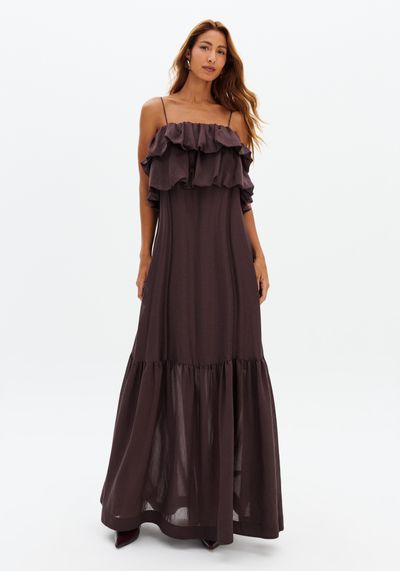 Vestido Longo De Alças Com Babados