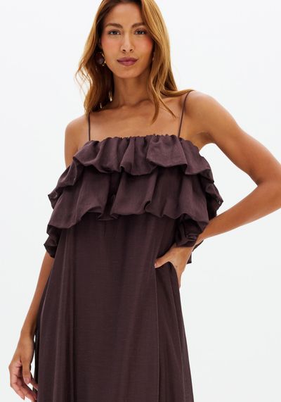 Vestido Longo De Alças Com Babados