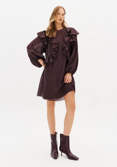 Vestido Curto Manga Longa Com Babados