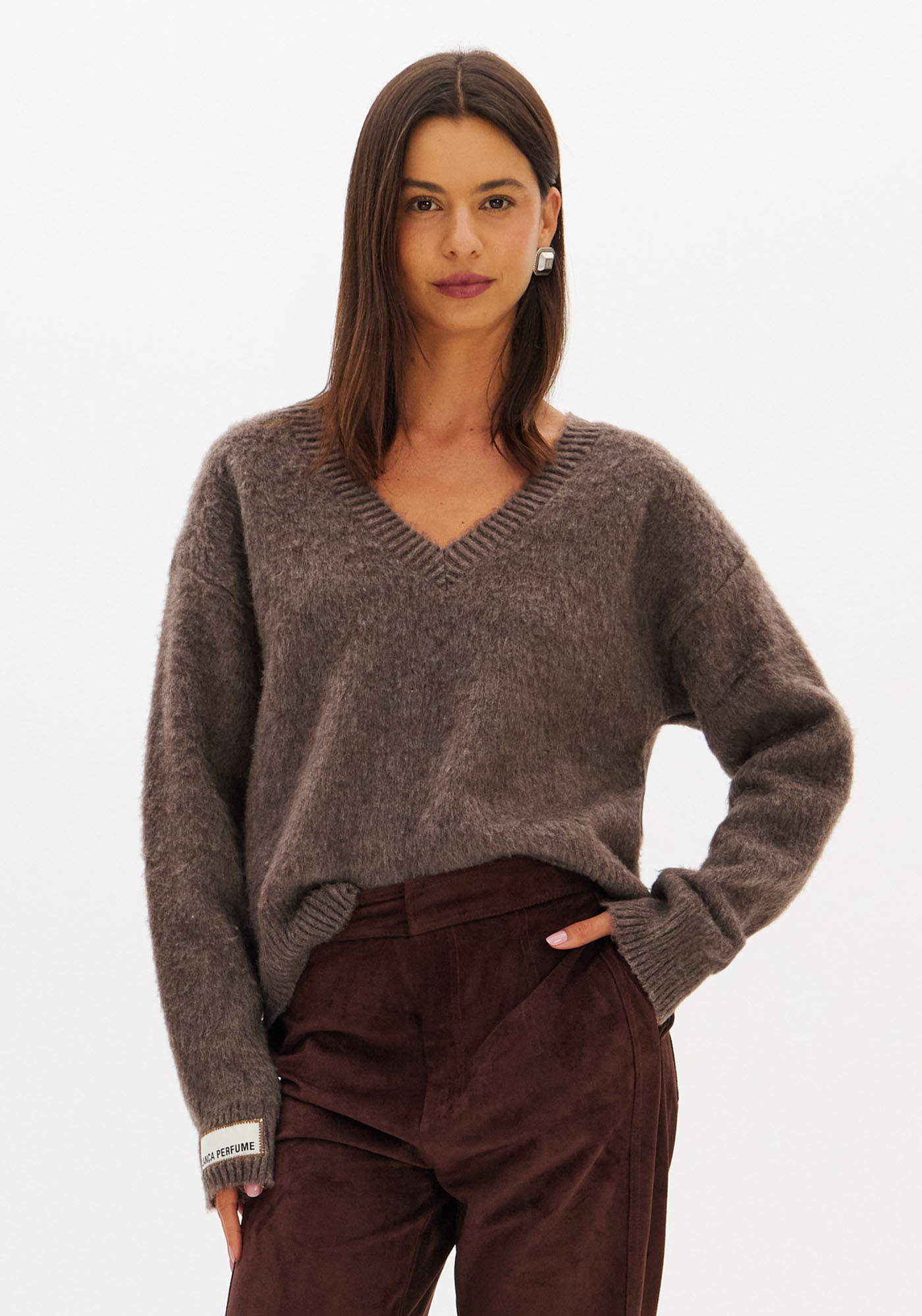 Blusa Tricô Decote V Manga Longa