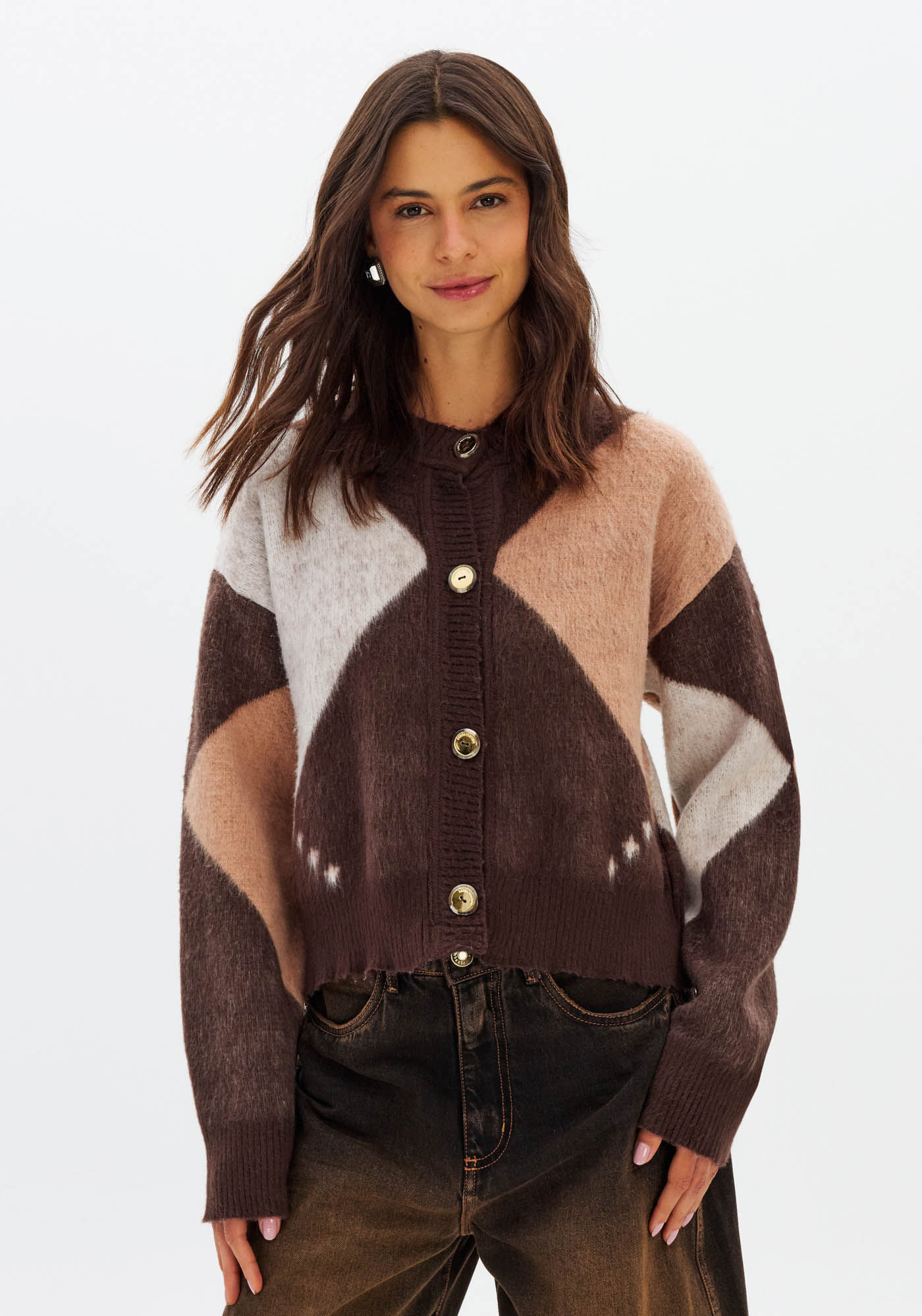 Cardigã De Tricô Manga Longa De Jacquard
