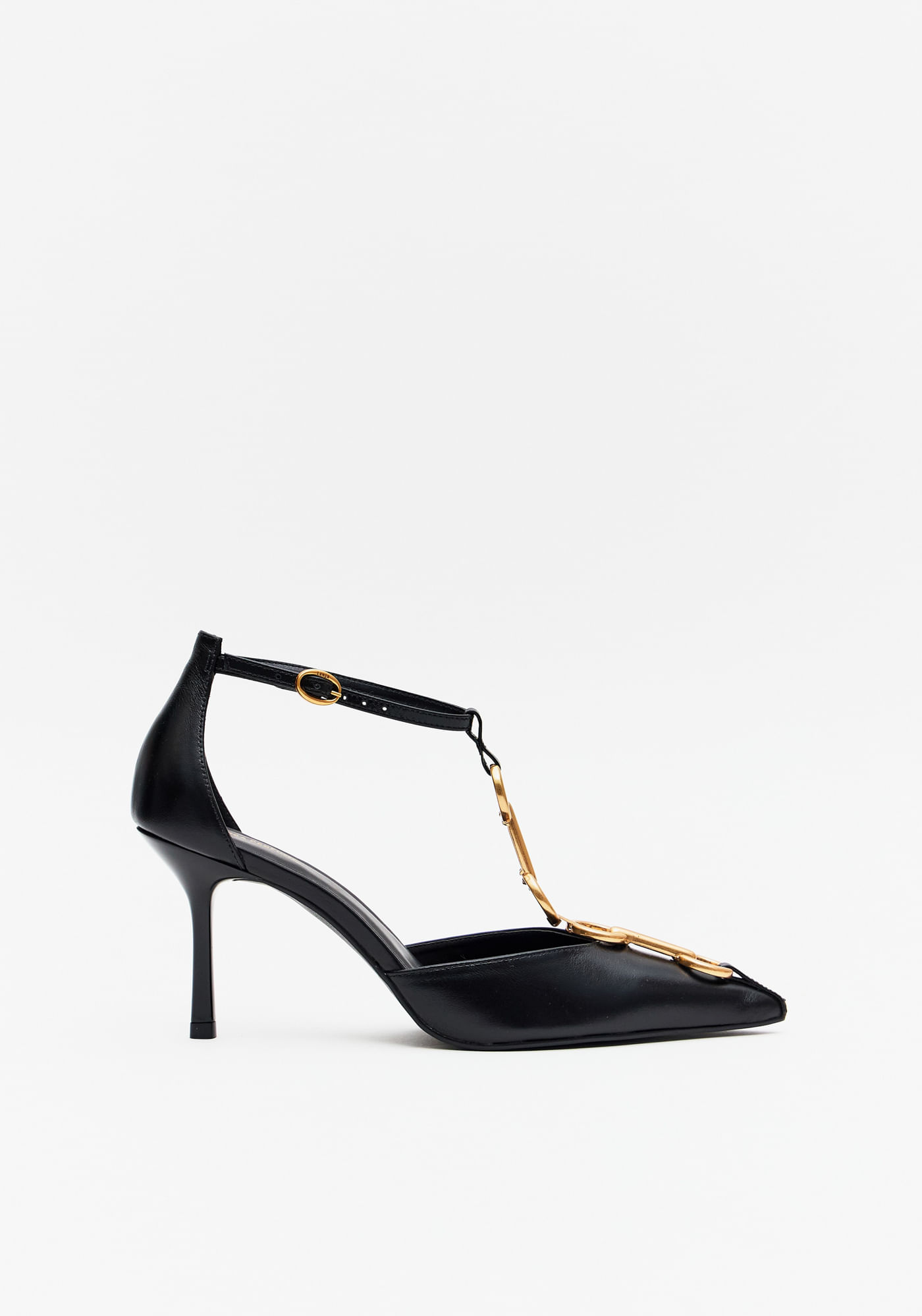 Scarpin Couro Salto Fino Com Corrente
