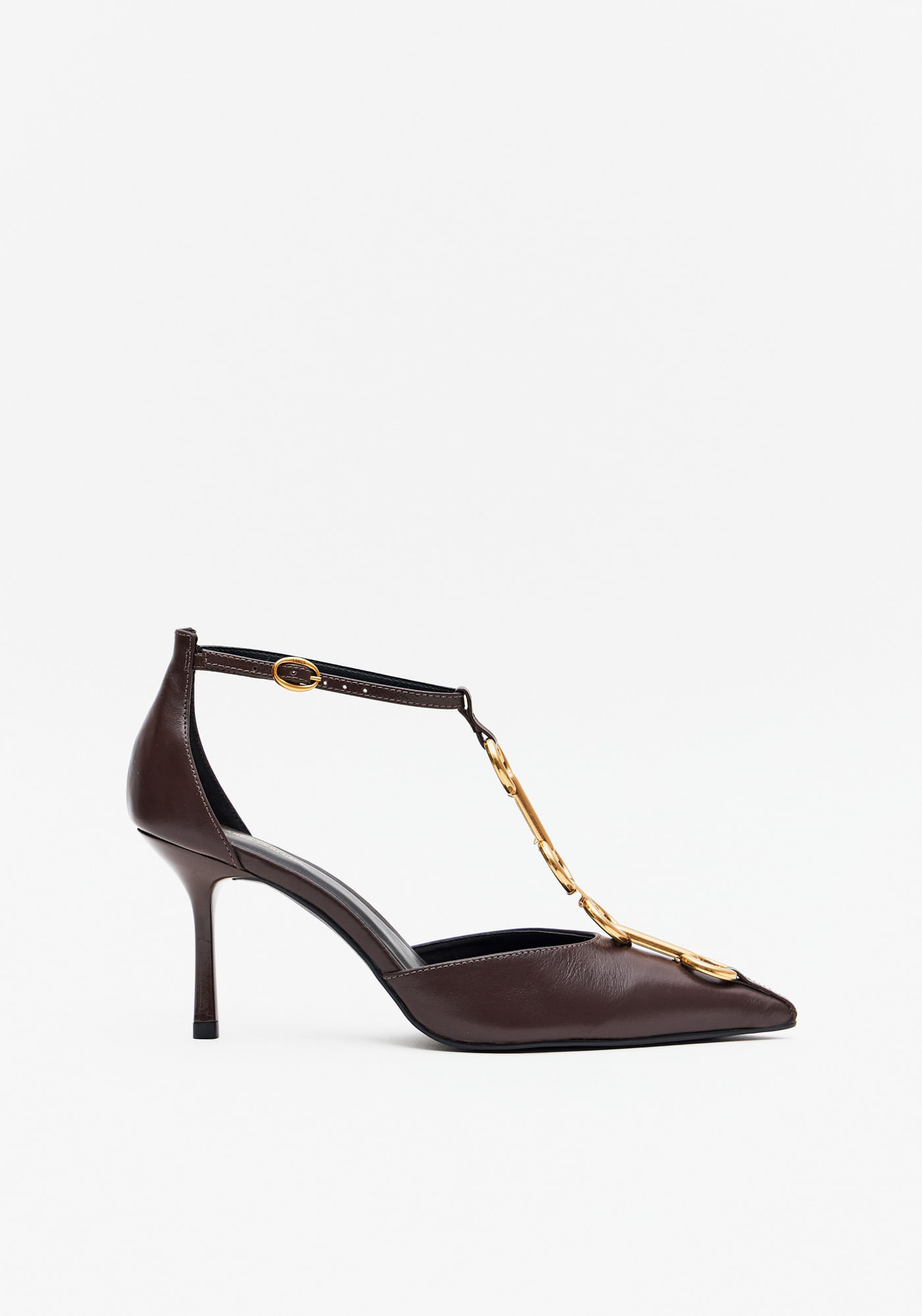 Scarpin Couro Salto Fino Com Corrente