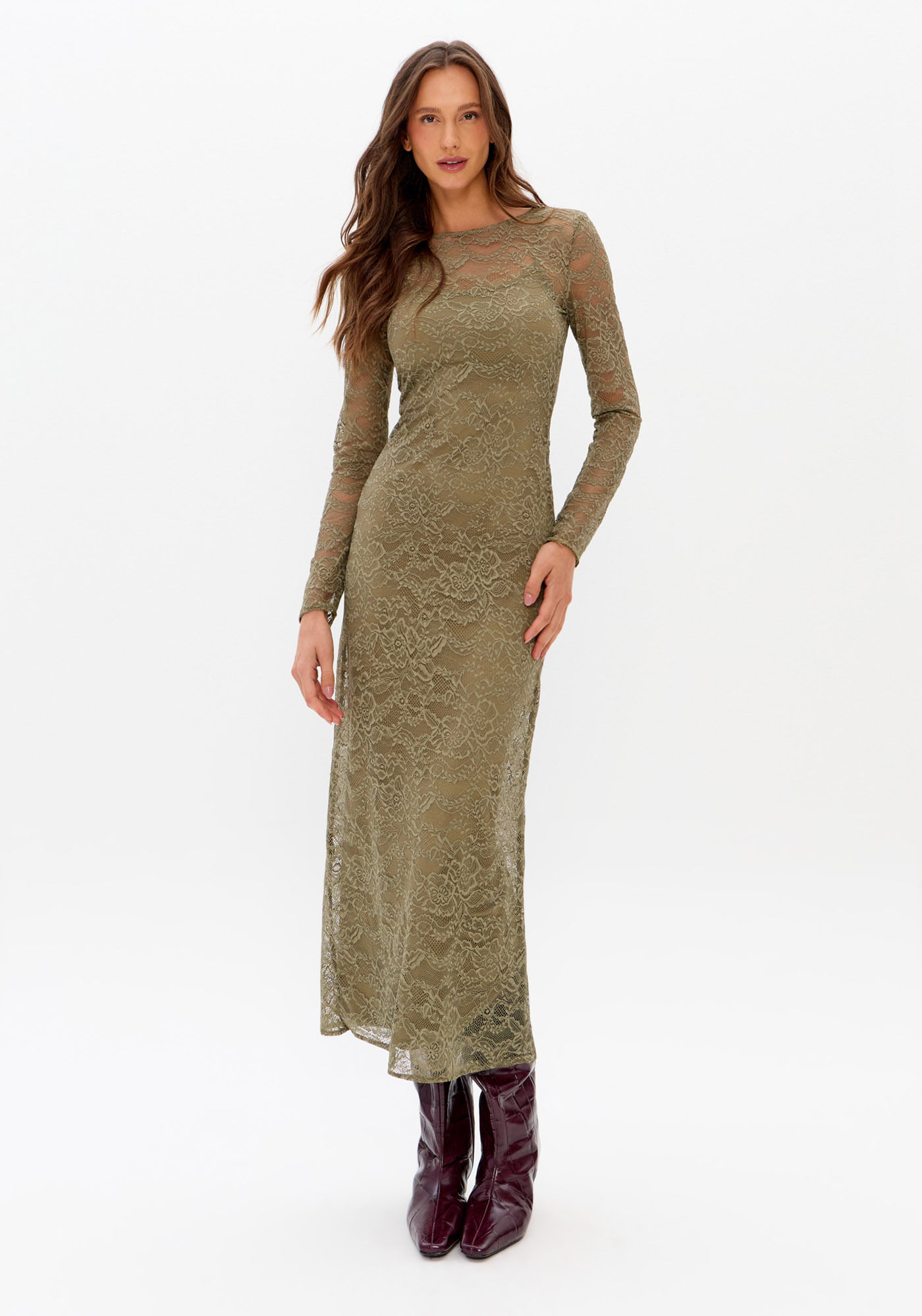Vestido Super Midi Renda Com Manga Longa