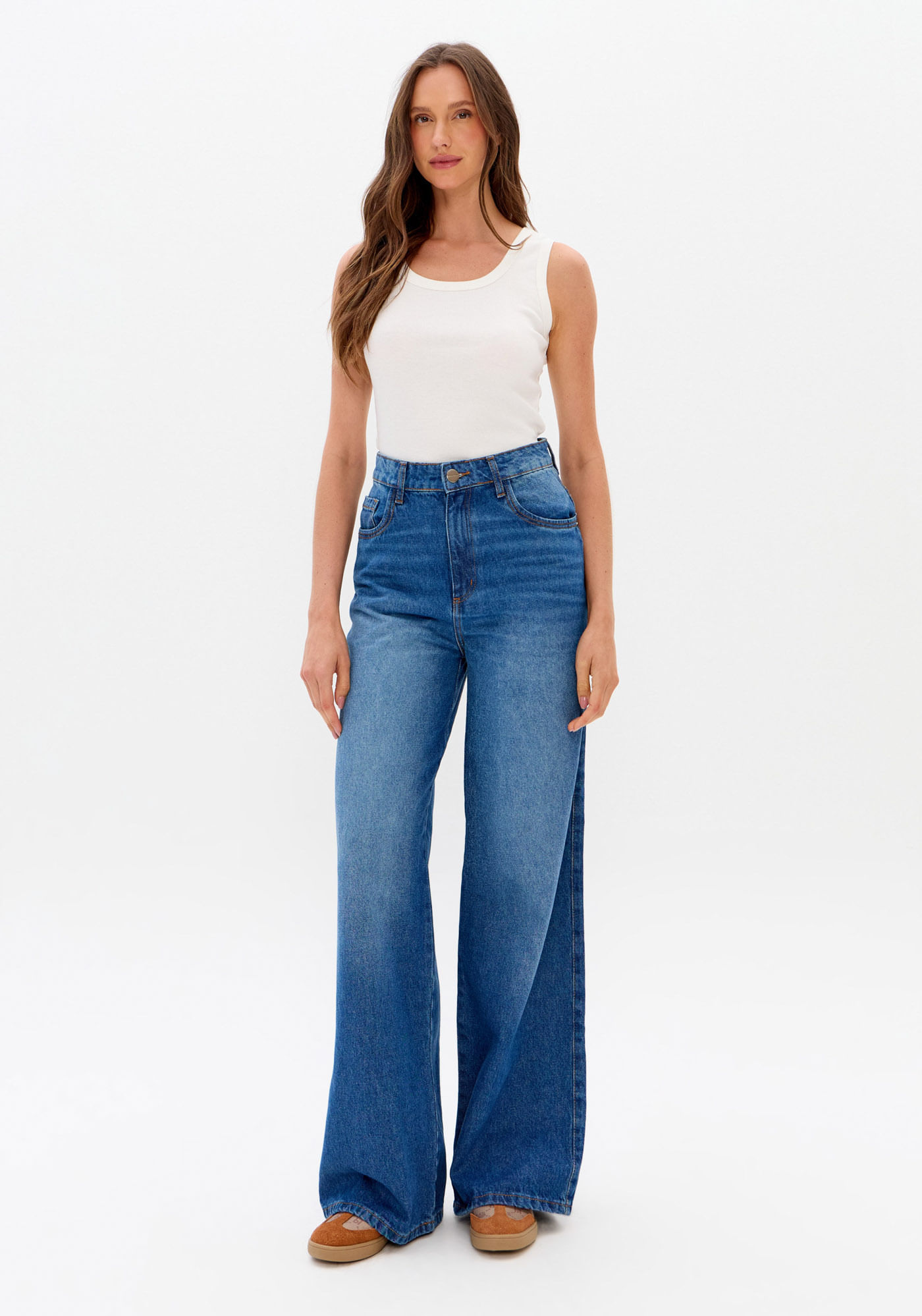 Calça Jeans Wide Leg Com Cintura Super Alta