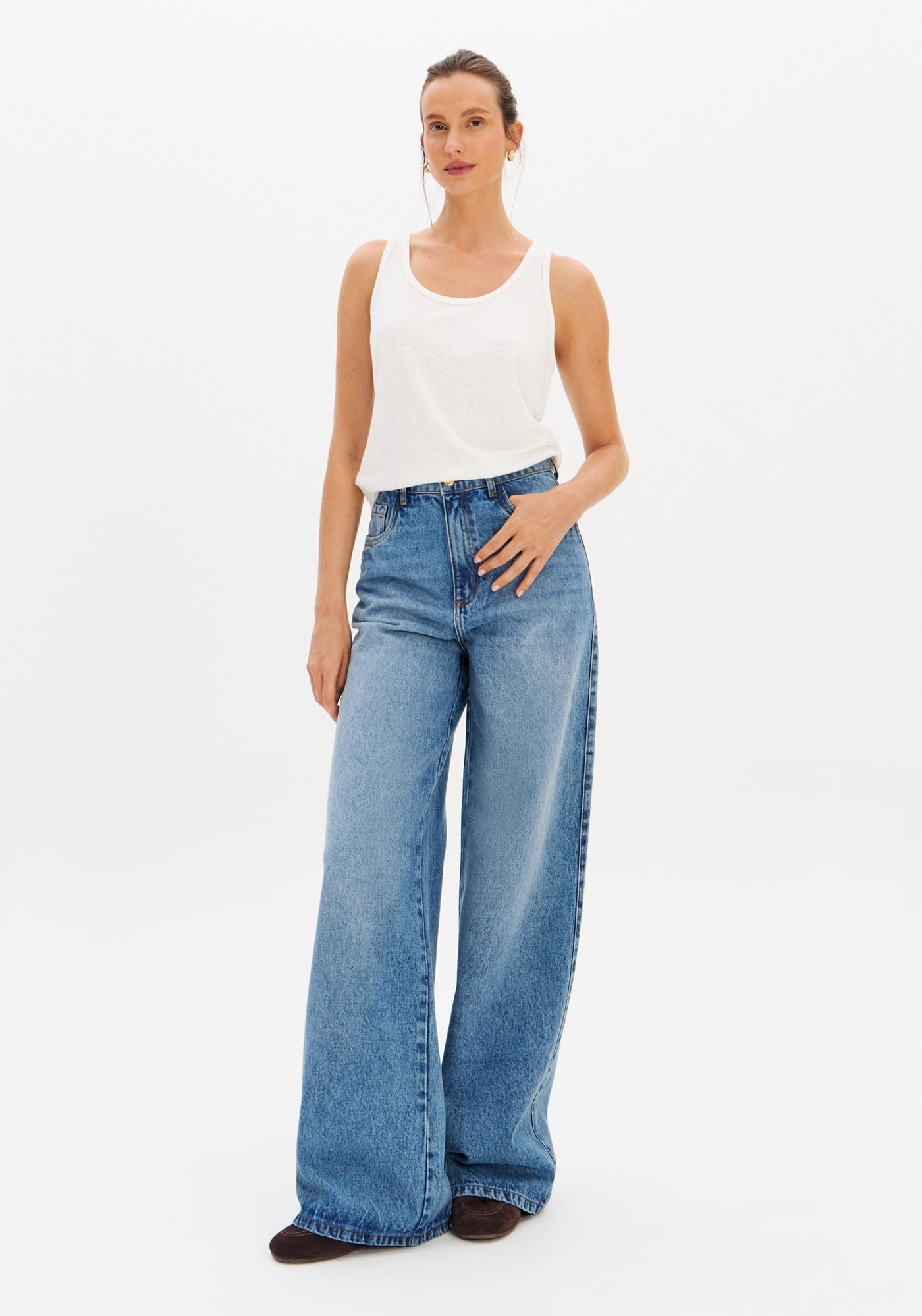 Calça Jeans Wide Leg Cintura Alta
