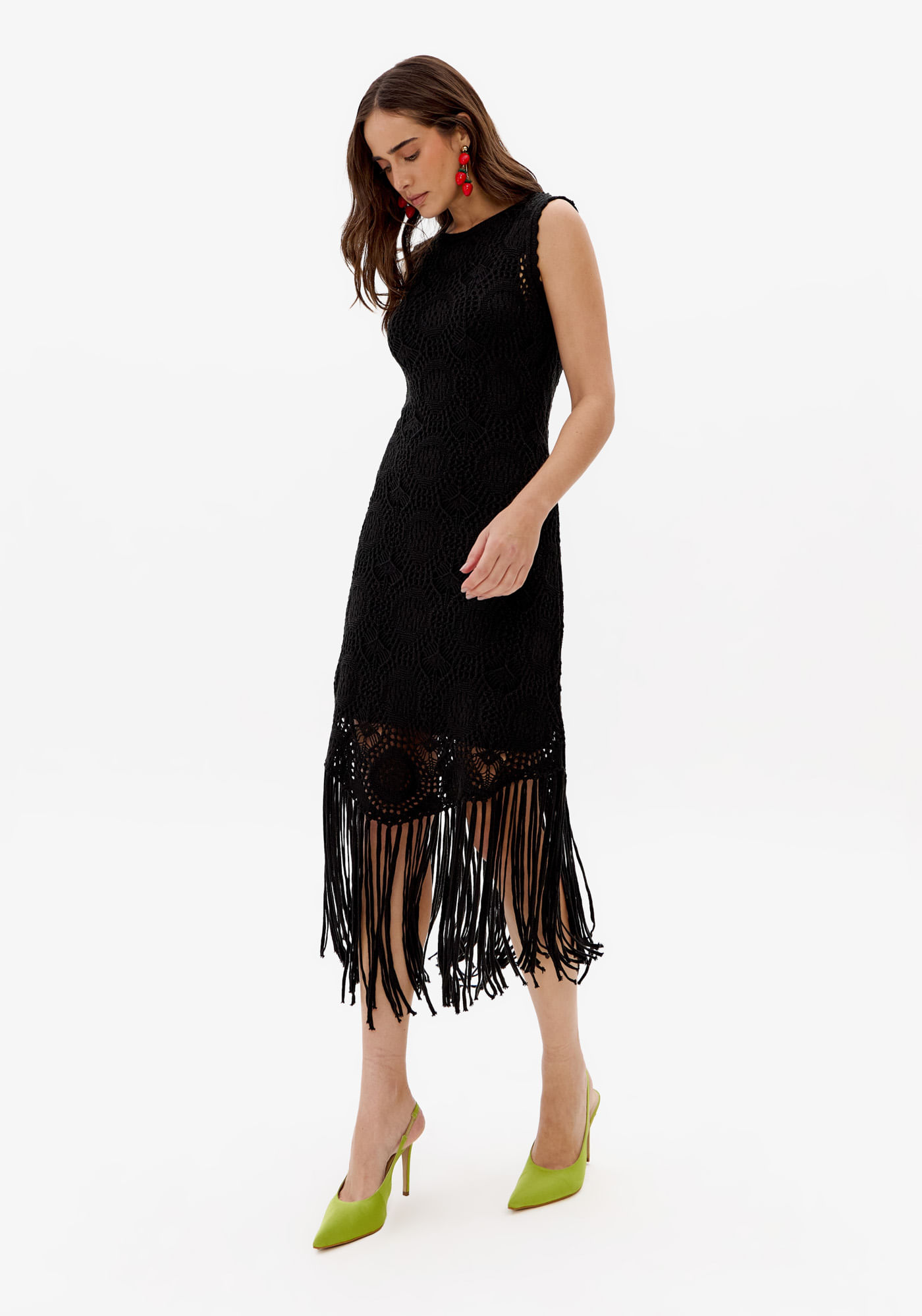 Vestido Tricô Super Midi Com Franjas