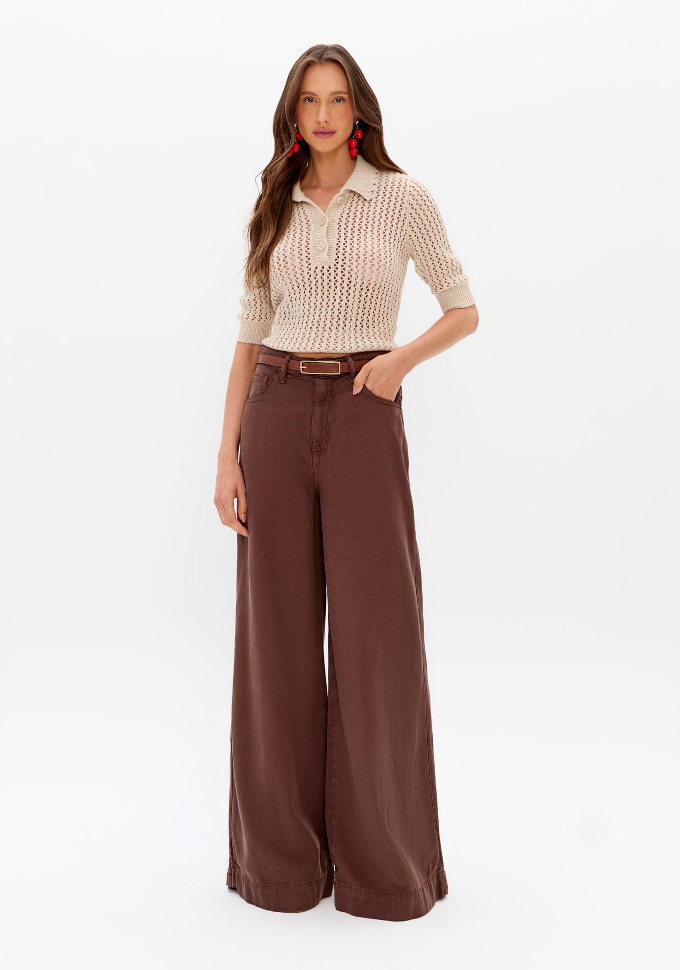 Calça Sarja Palazzo Cintura Média Com Cinto
