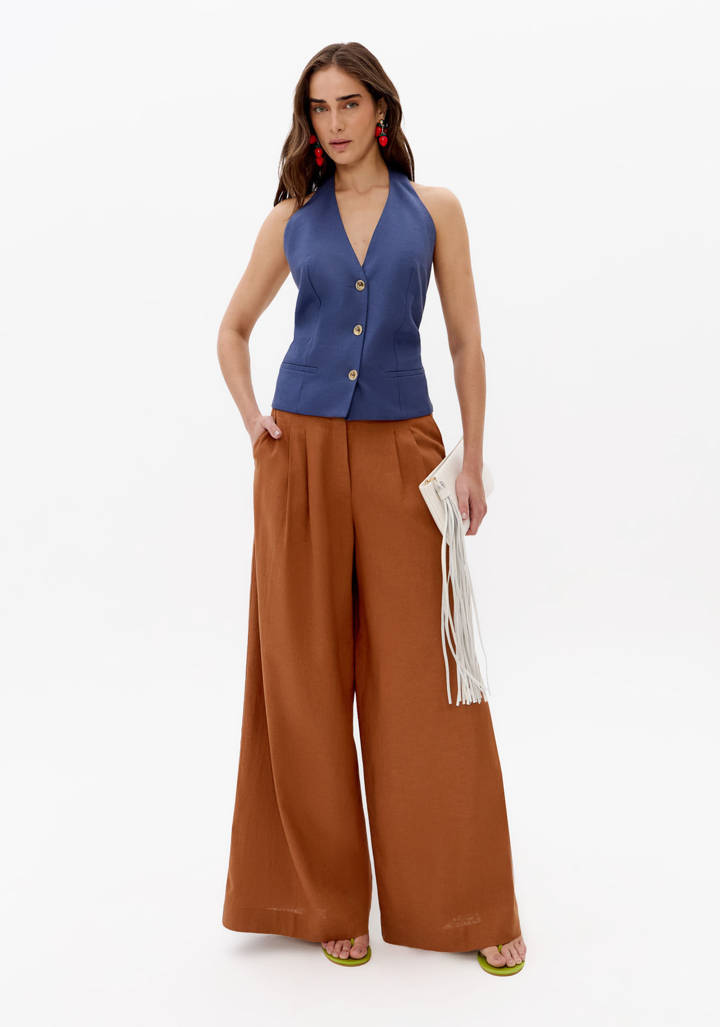 Calça Pantalona Cintura Alta Com Linho