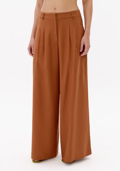 Calça Pantalona Cintura Alta Com Linho