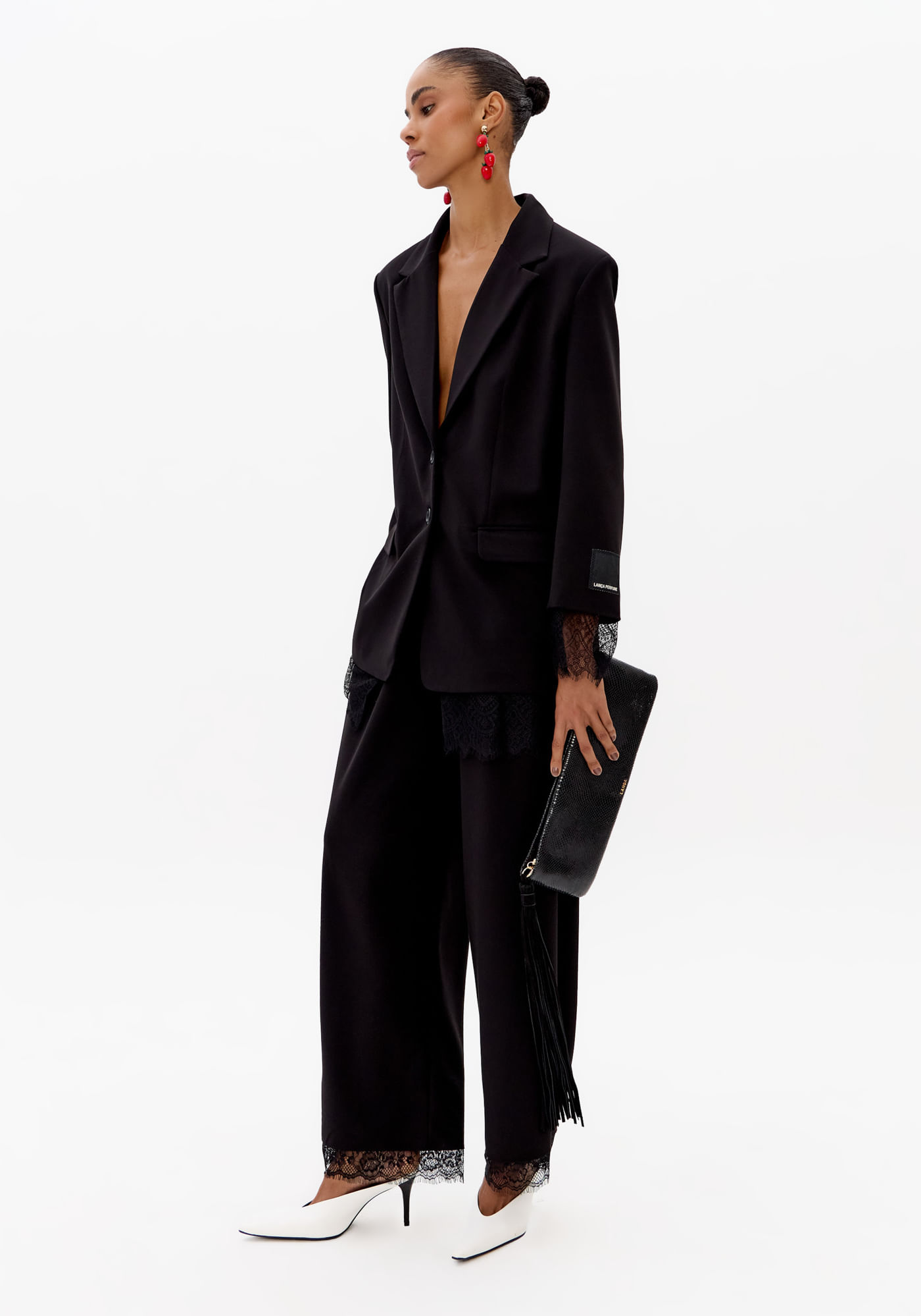 Calça Wide Leg Cintura Alta Com Renda