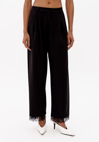Calça Wide Leg Cintura Alta Com Renda