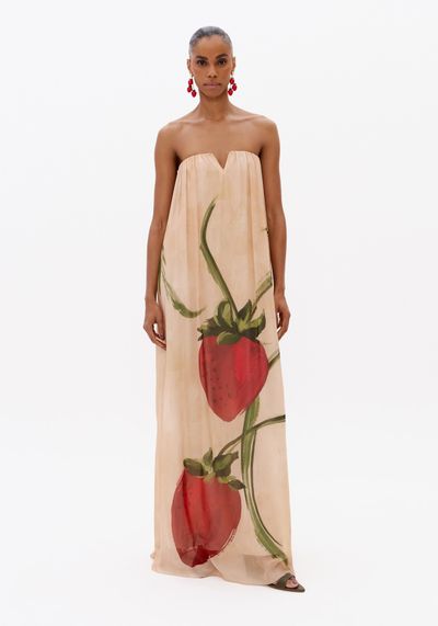 Vestido Longo Sem Alças De Chiffon Morango