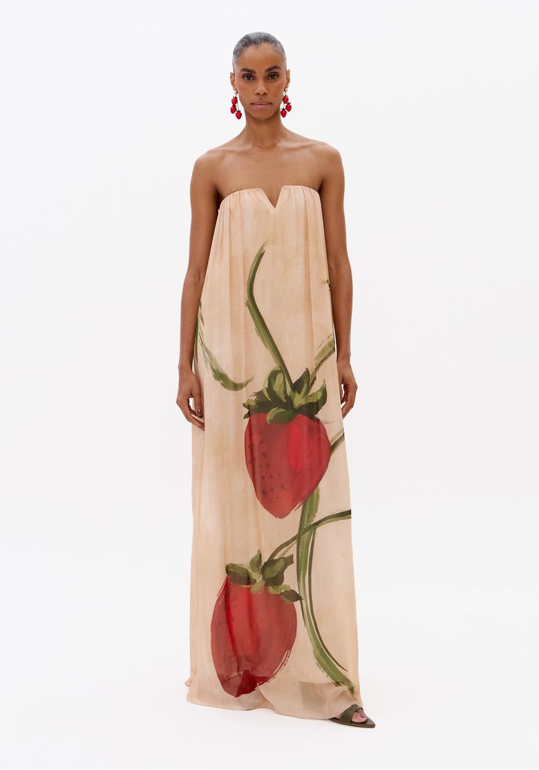 Vestido Longo Sem Alças De Chiffon Morango