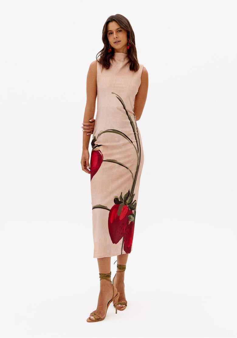 Vestido Sem Manga Midi De Malha Morango