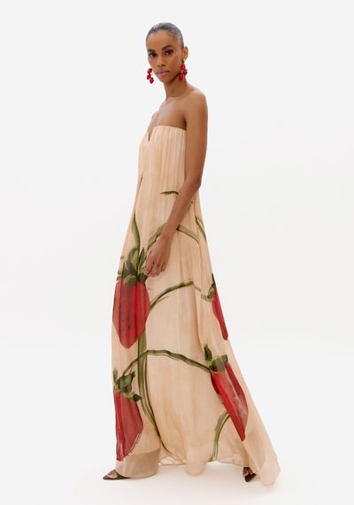Vestido Longo Sem Alças De Chiffon Morango
