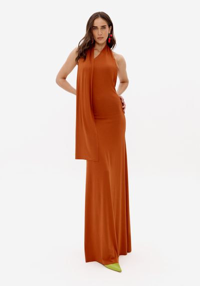 Vestido Longo De Malha Echarpe