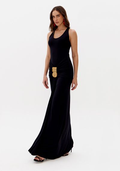 Vestido Longo Com Aviamentos Na Frente
