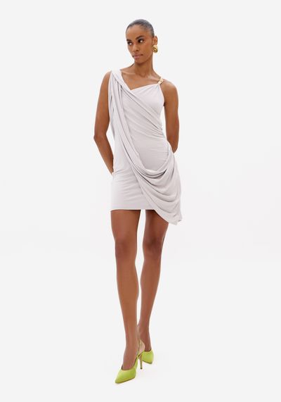 Vestido Drapeado Curto Assimétrico
