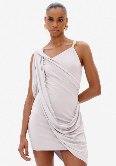 Vestido Drapeado Curto Assimétrico