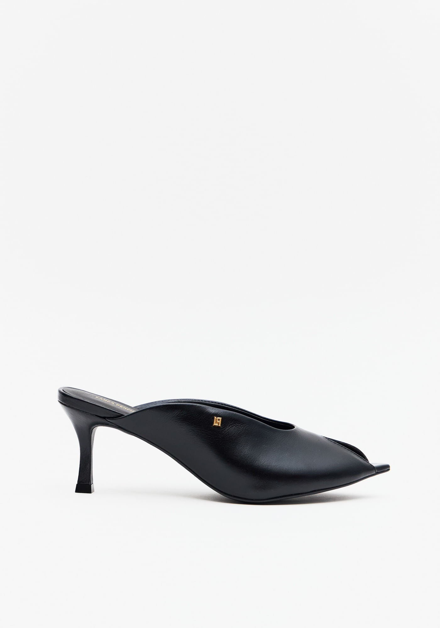 Sandália Mule Salto Fino Peep Toe Couro